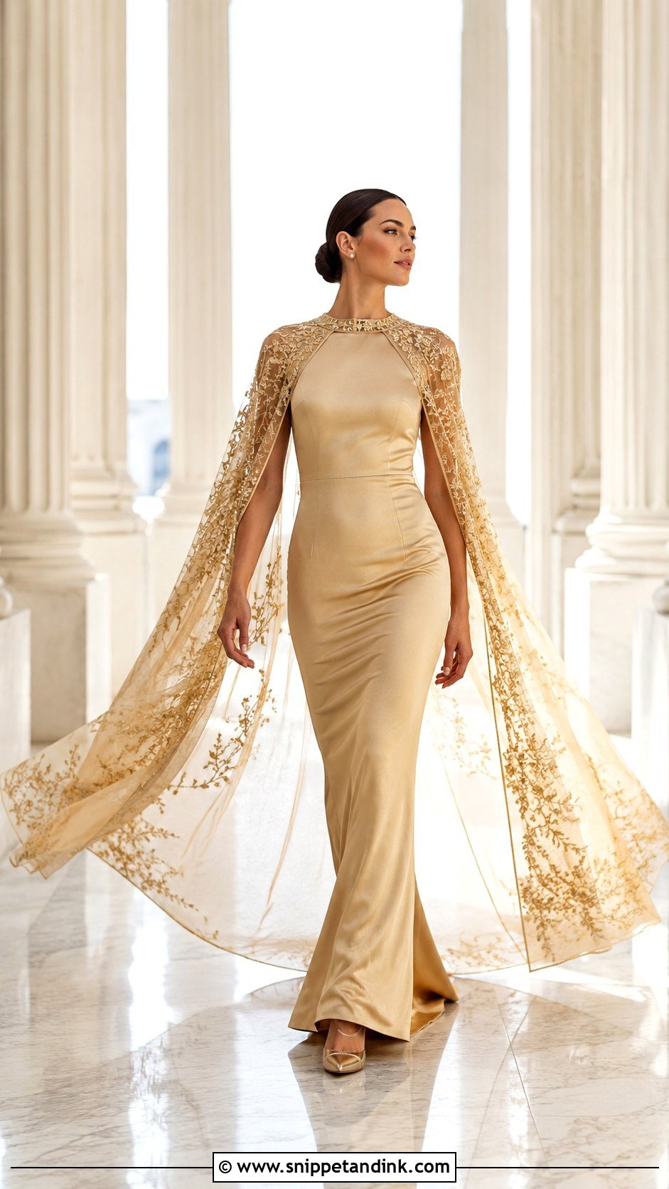 Gold Cape Sleeve Bridal Dress - Snippet and Ink - 20 Gold Bridal Dress Ideas