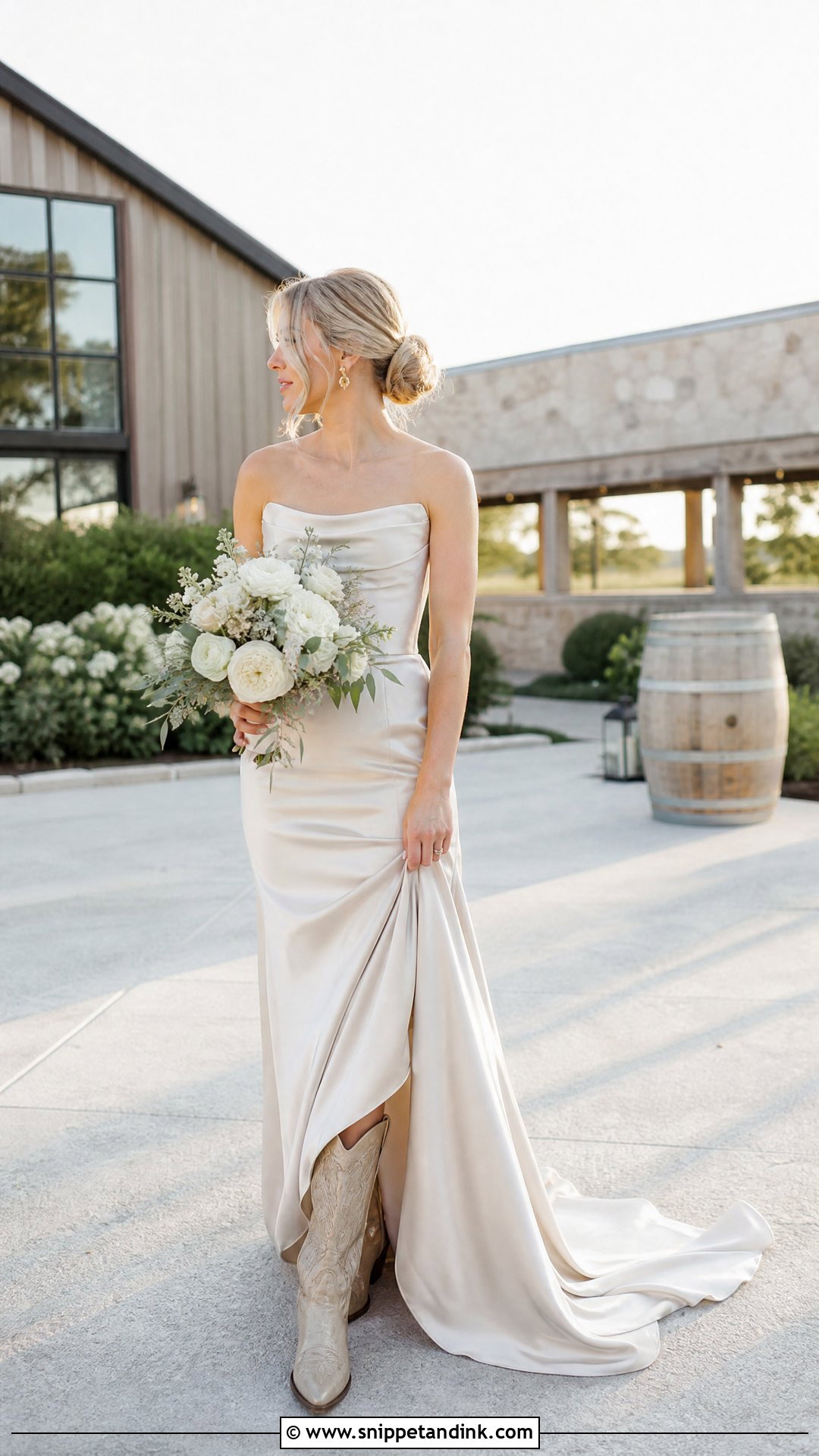 Gold Cowgirl Boots With Champagne Wedding Dress - Snippet and Ink - 20 Wedding Cowgirl Boots for Bride Ideas