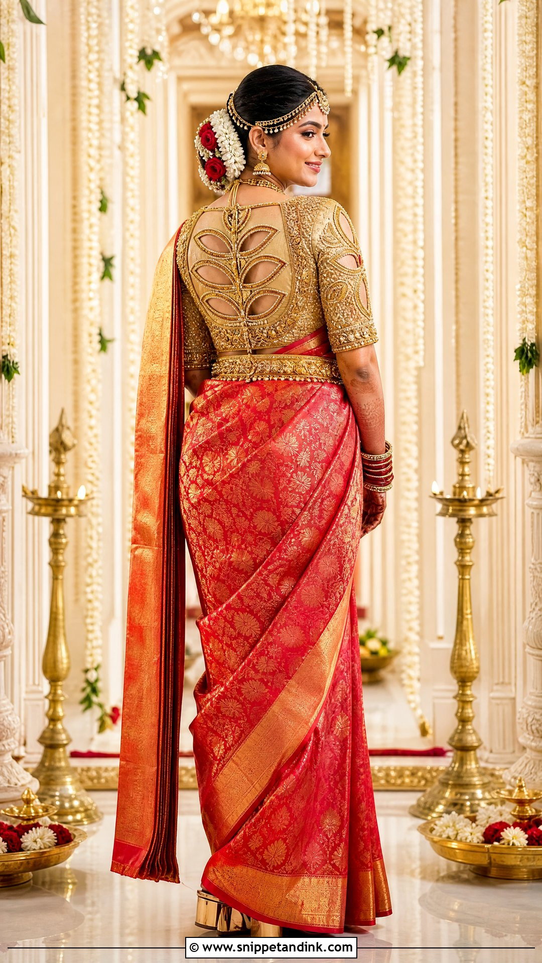 Gold Cutwork Maggam Work Blouse With Red Saree - Snippet and Ink - 20 Wedding Maggam Work Blouse Designs