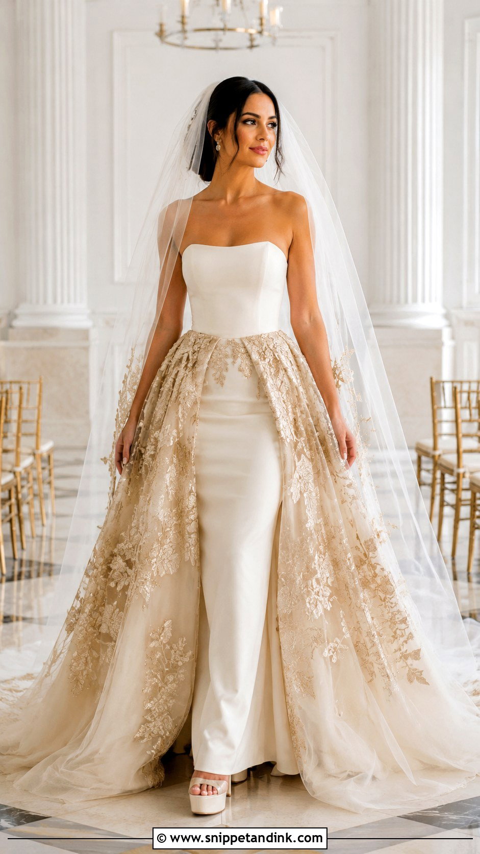 Gold Detachable Overskirt Wedding Dress - Snippet and Ink - 20 Wedding Dress with Gold Accents Ideas