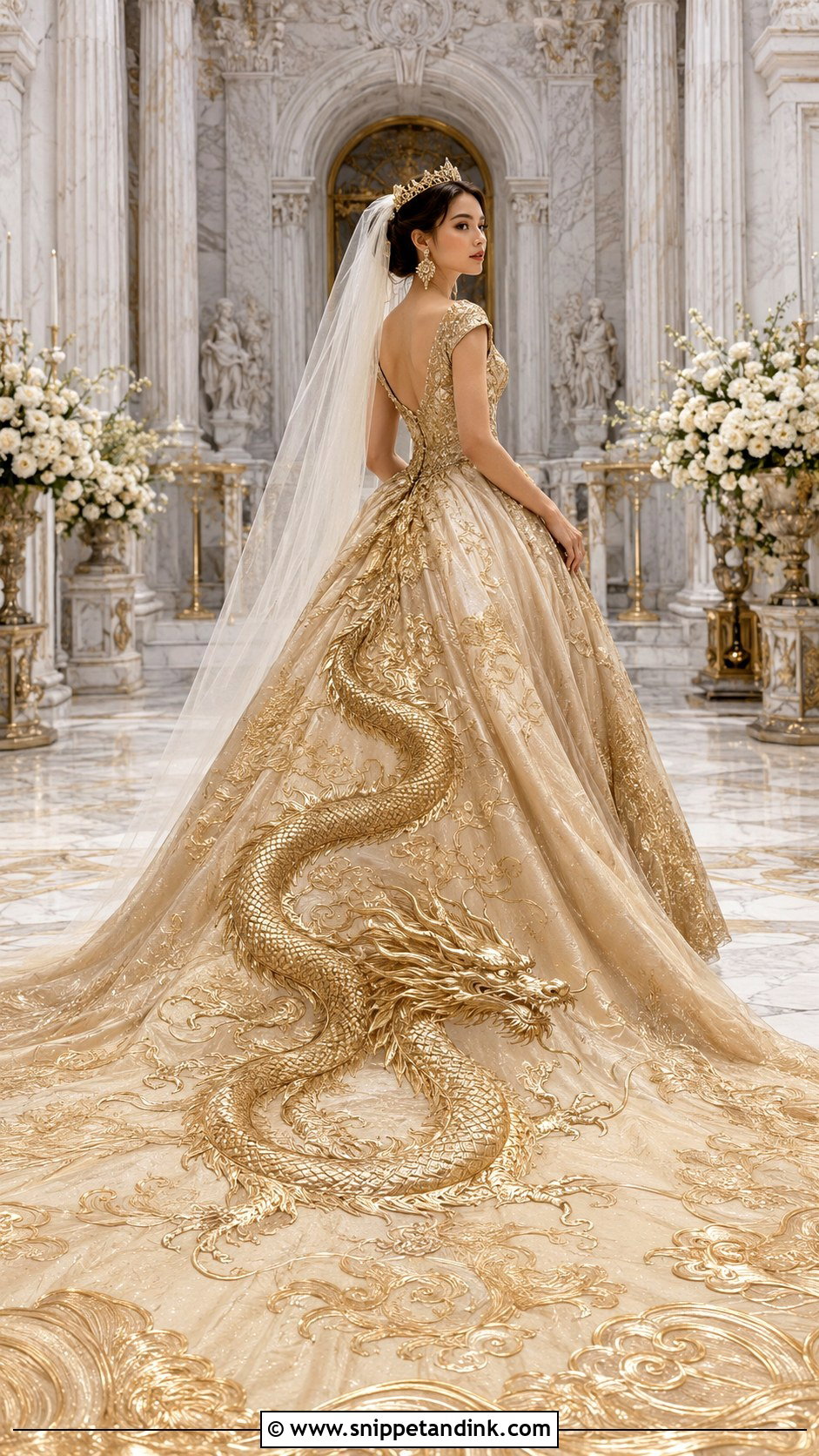 Gold Dragon Wedding Dress With A Cathedral Train - Snippet and Ink - 20 Dragon Wedding Dress Ideas