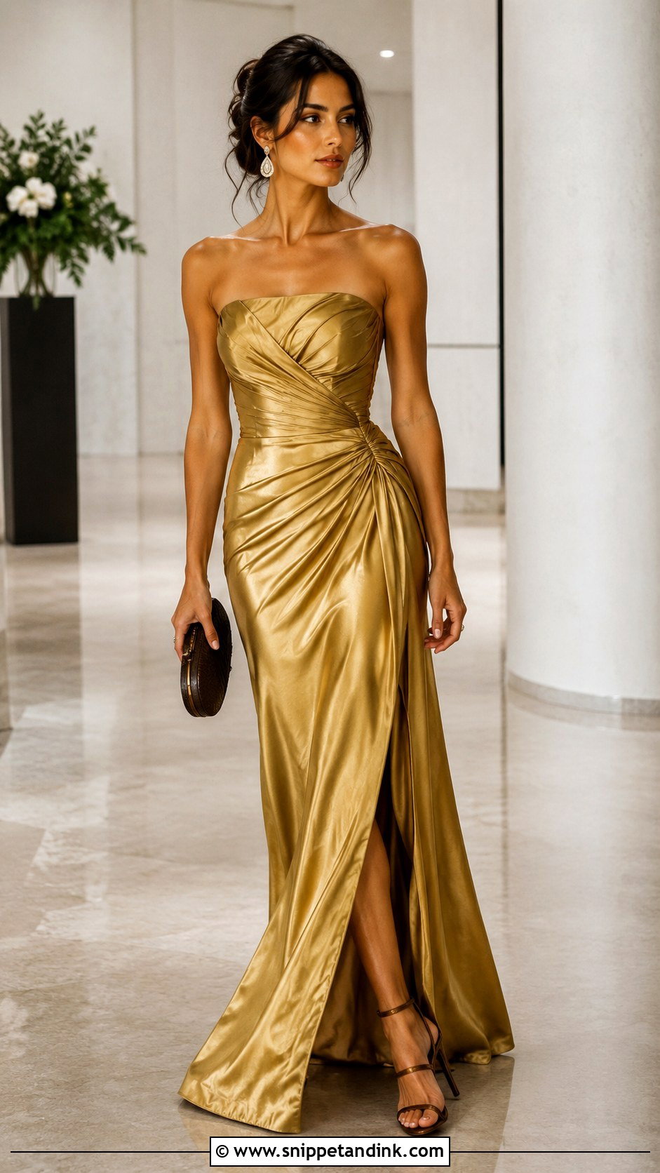 Gold Draped Strapless Dress Outfit - Snippet and Ink - 20 Gold Strapless Dress Ideas