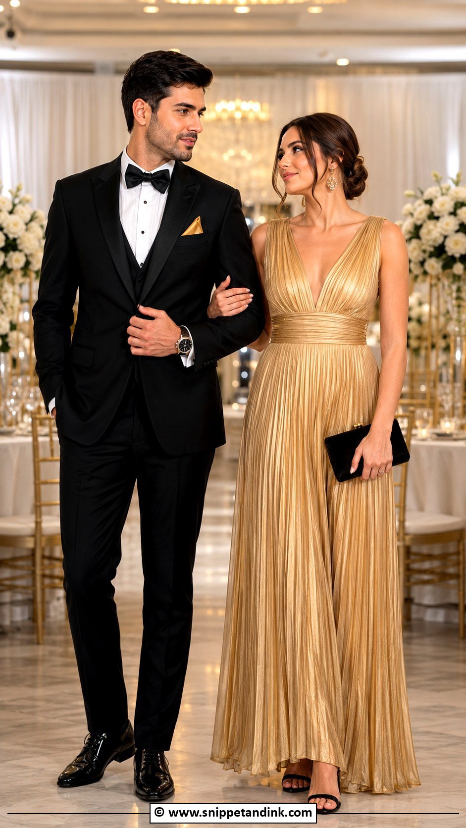 Gold Dress And Black Tuxedo Wedding Matching Outfit - Snippet and Ink - 35 Wedding Matching Outfits
