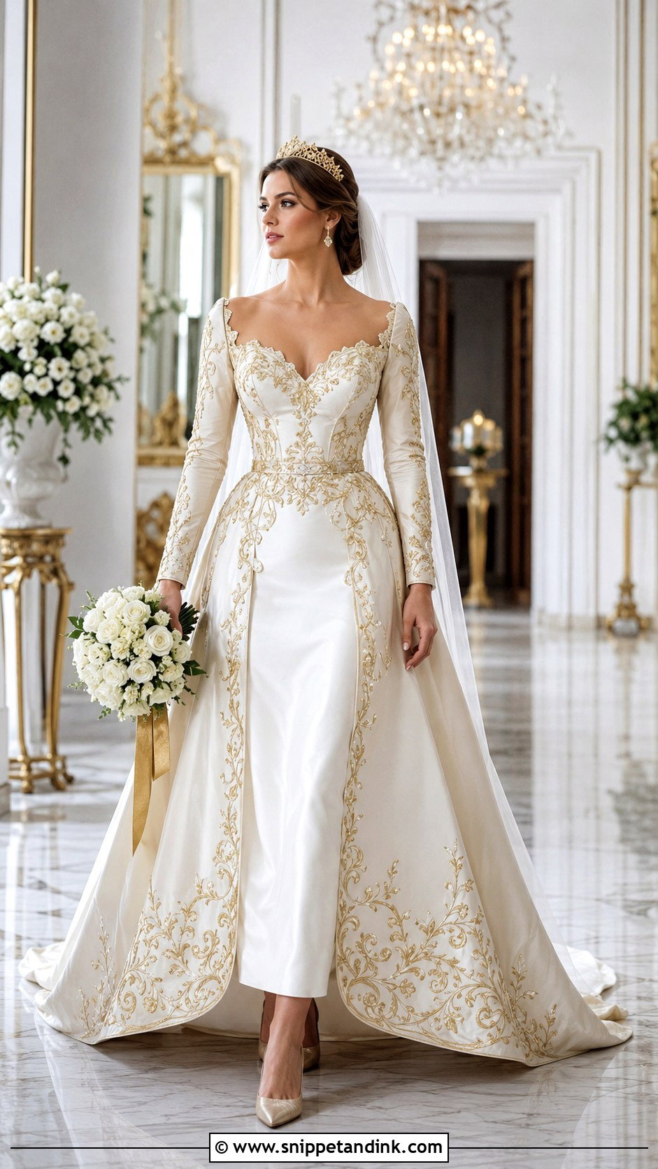 Gold Embroidered Empress Wedding Dress With Crown - Snippet and Ink - 20 Empress Wedding Dress Ideas