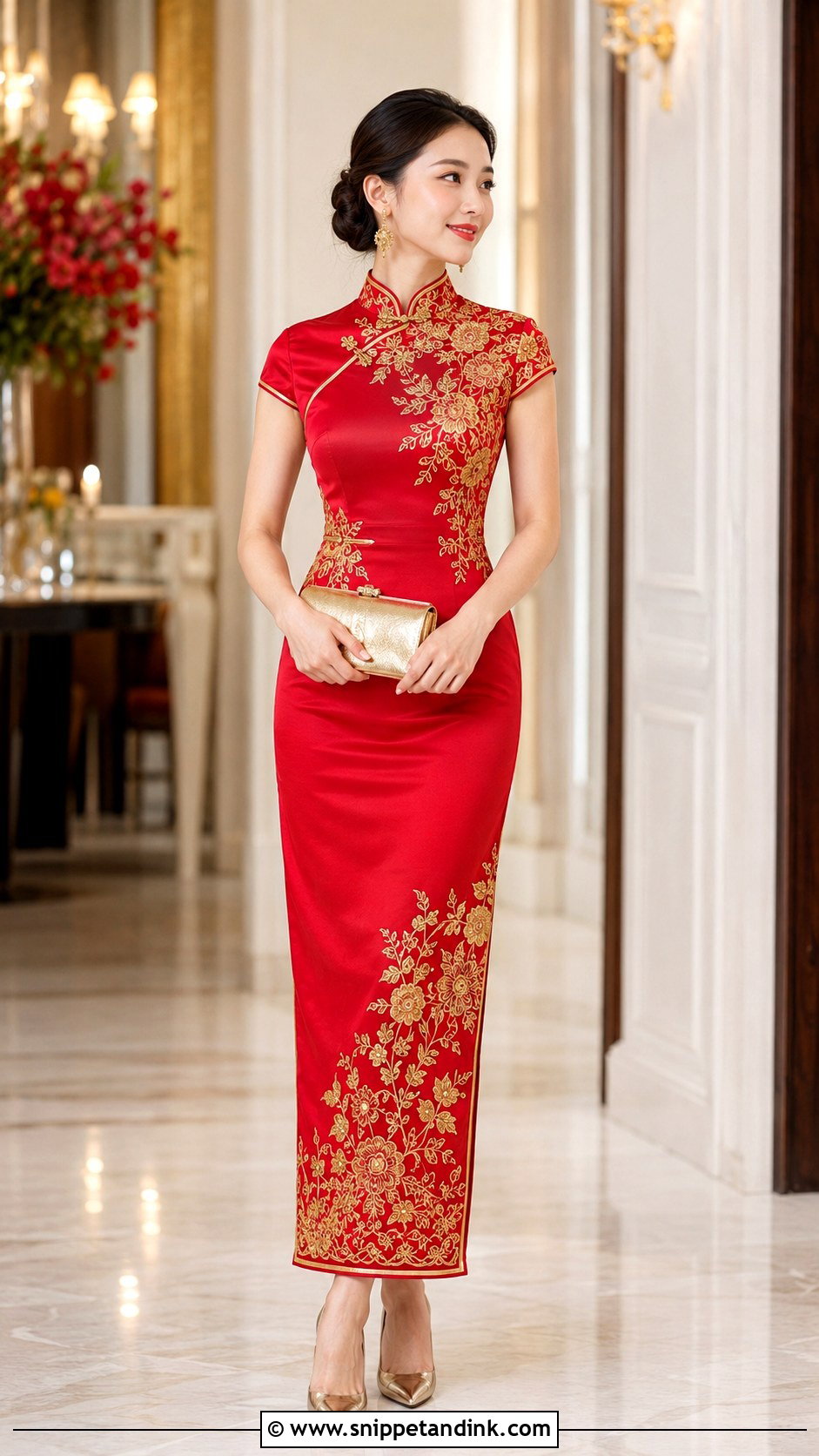 Gold Embroidered Qipao Chinese Wedding Outfit - Snippet and Ink - 20 Chinese Wedding Outfits