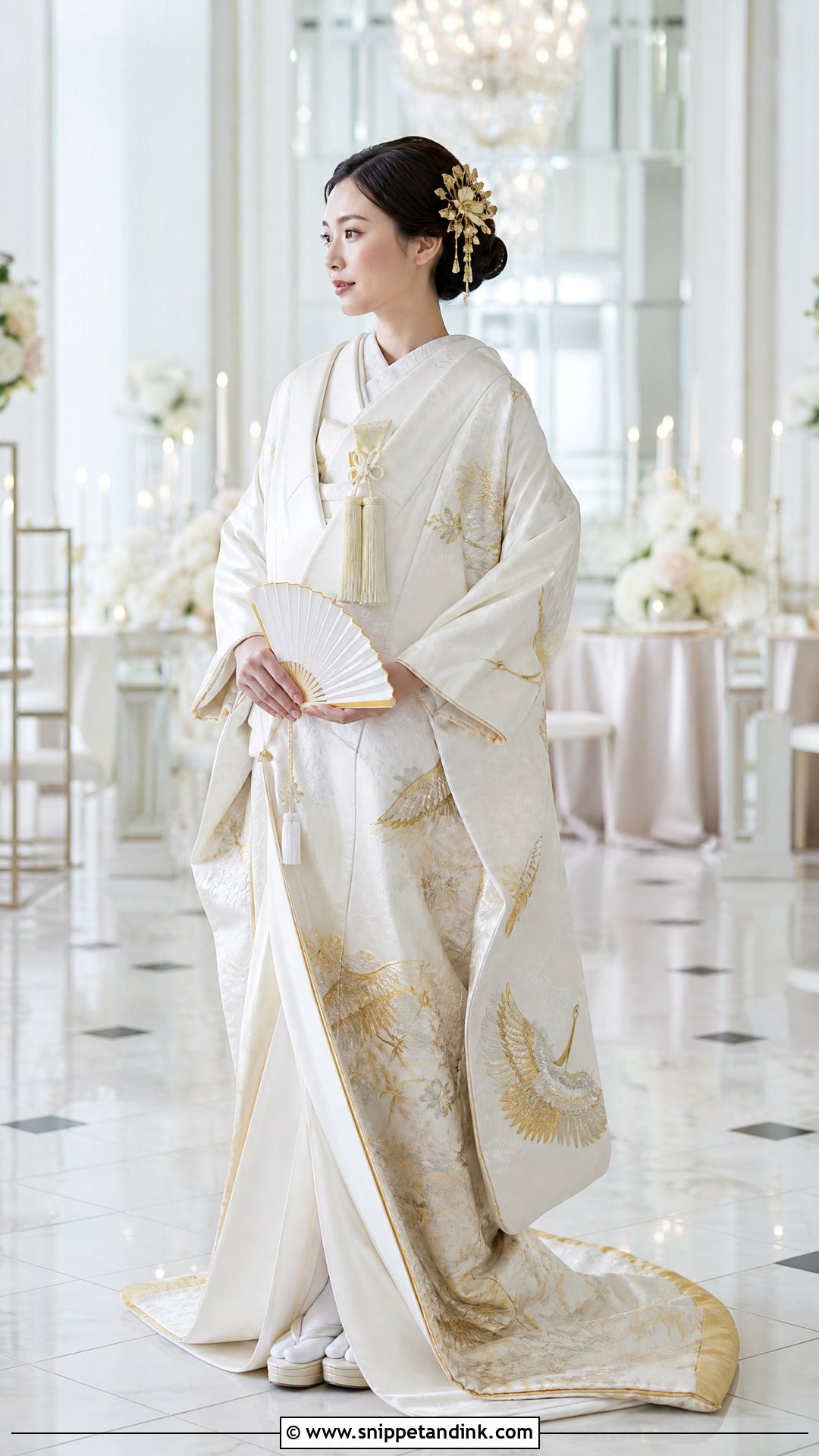 Gold Embroidered Shiromuku With Gold Kanzashi - Snippet and Ink - 20 Shiromuku Wedding Kimono Ideas