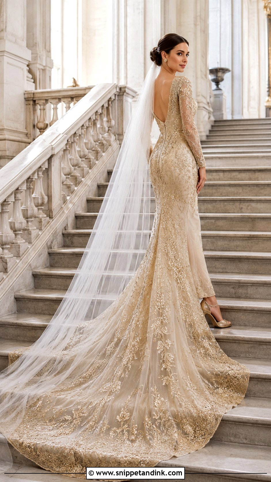 Gold Embroidered Train Wedding Dress - Snippet and Ink - 20 Long Classy Gold Wedding Dress Ideas