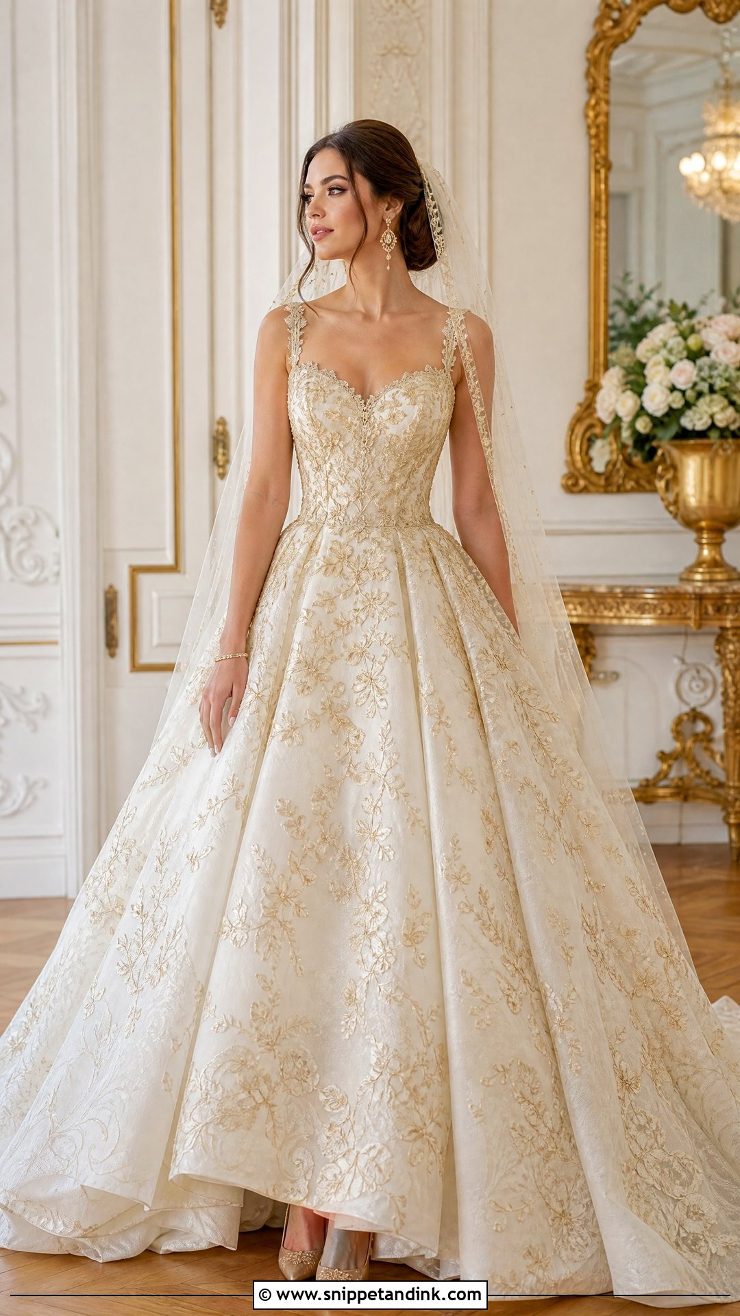 Gold Embroidered Wedding Dress With Beaded Veil - Snippet and Ink - 20 Most Expensive Wedding Dress Ideas