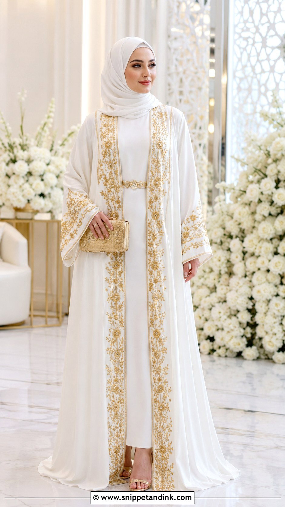 Gold Embroidered White Abaya Dress - Snippet and Ink - 25 Abaya Wedding Dress Ideas