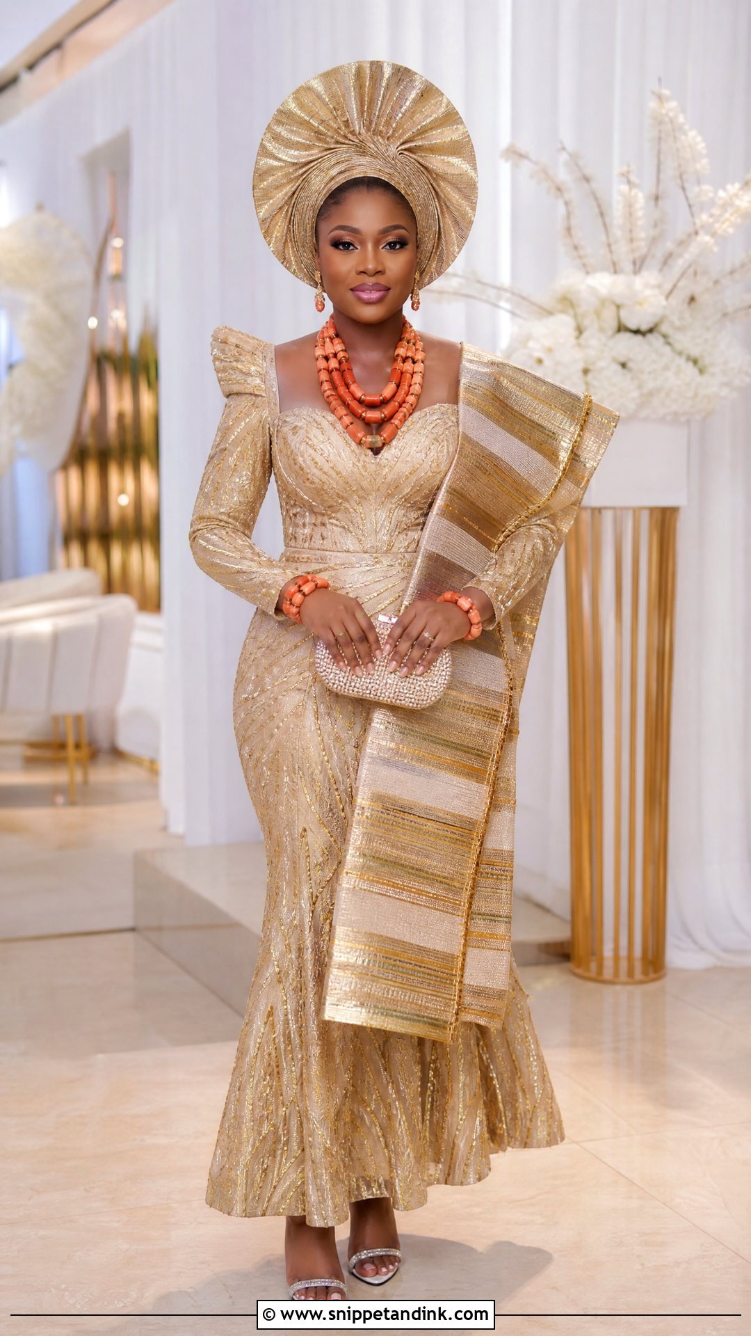 Gold Fan Bridal Gele With Aso Oke Dress - Snippet and Ink - 20 Bridal Gele Styles