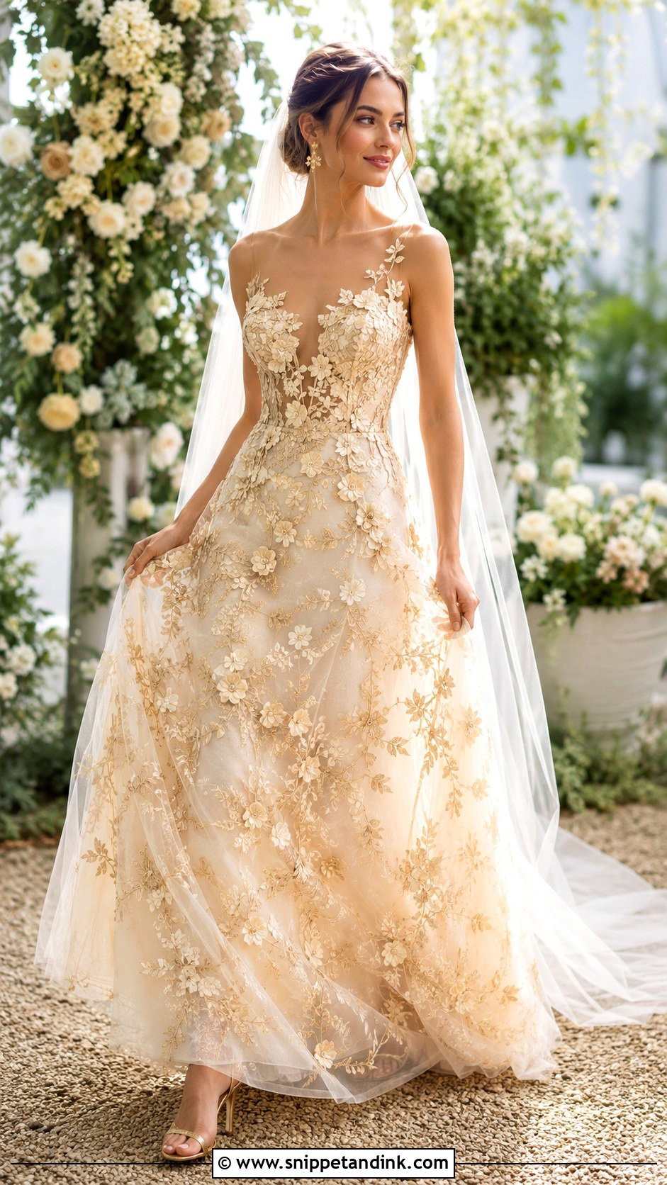 Gold Floral Applique Wedding Dress - Snippet and Ink - 20 Gold Wedding Dresses