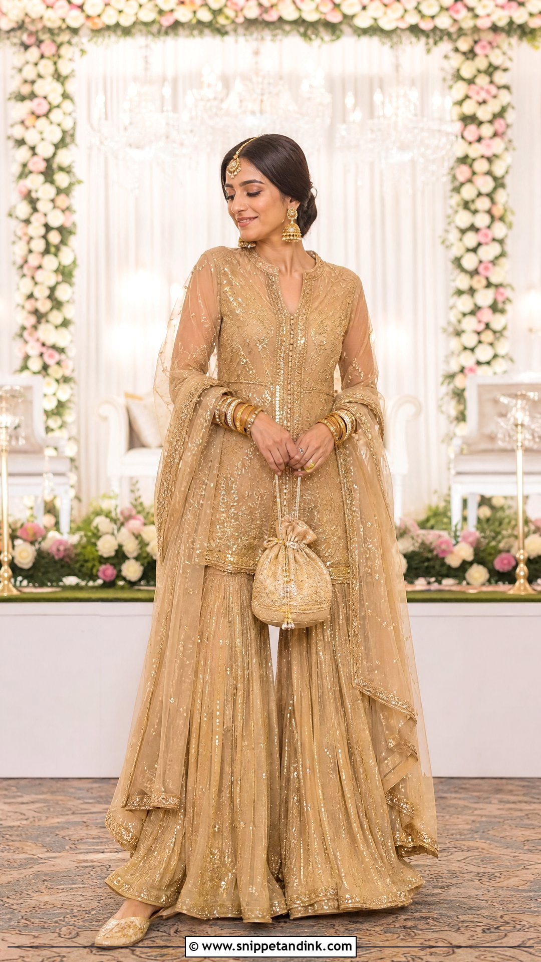 Gold Gharara For Bride Sangeet - Snippet and Ink - 25 Bride Sangeet Outfit Ideas