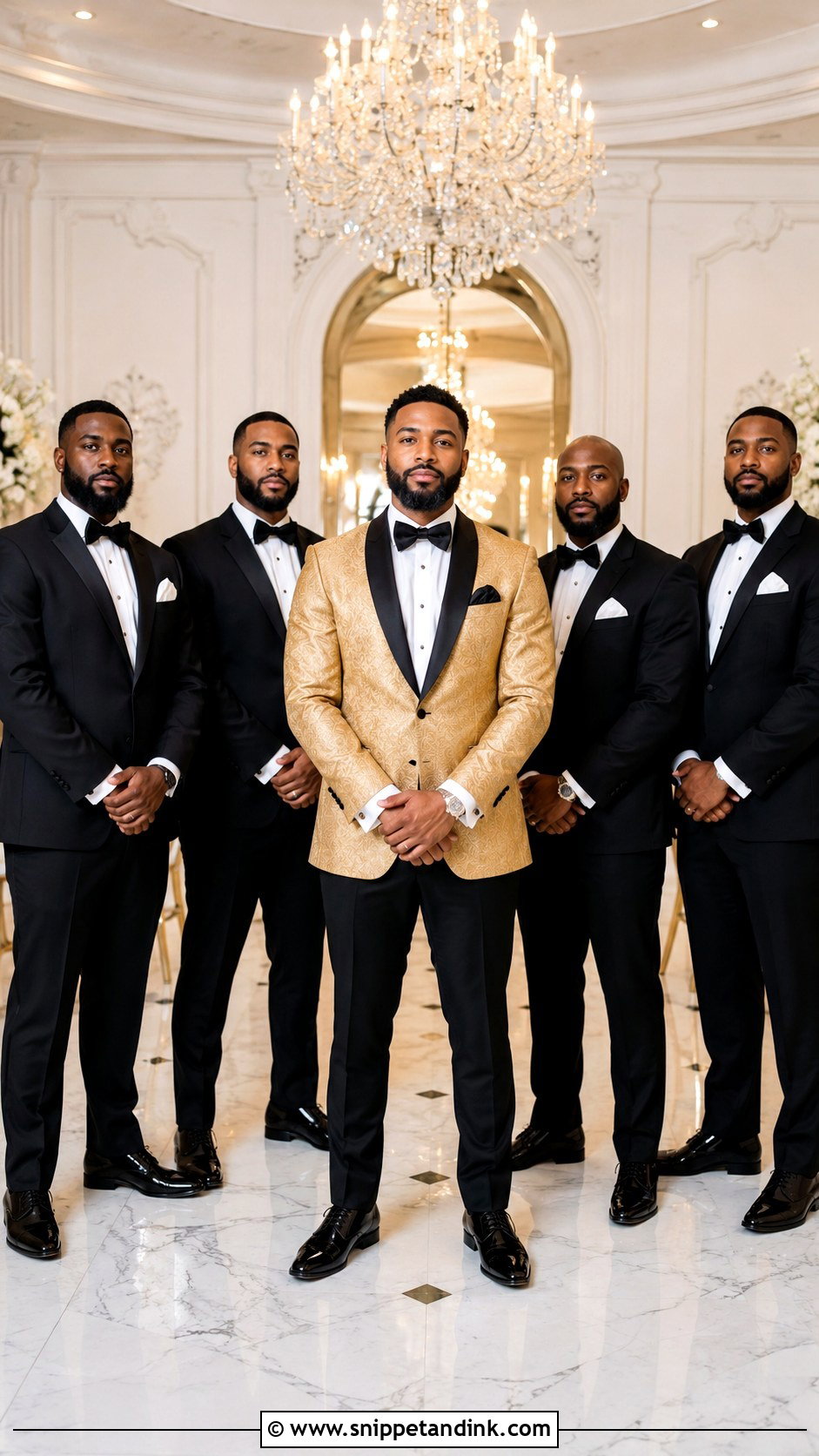 Gold Groom Tuxedo With Black Groomsmen Tuxedos - Snippet and Ink - 20 Gold Tuxedo Wedding Ideas