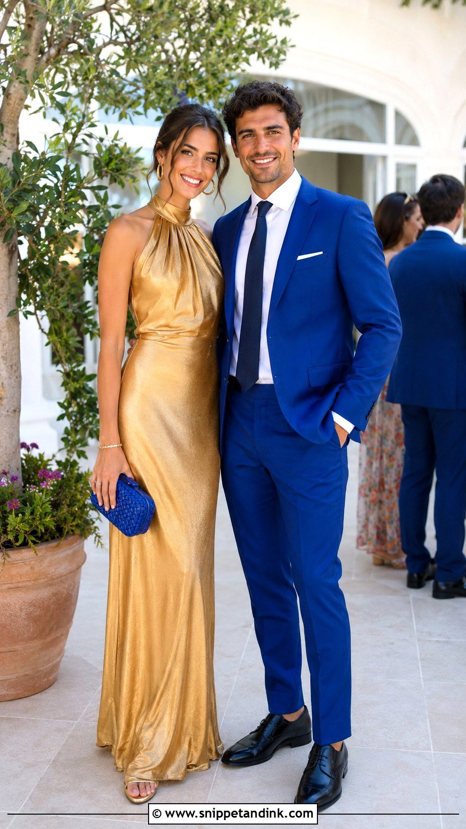Gold Halter Dress And Cobalt Blue Suit - Snippet and Ink - 20 Gold Dress and Suit Couple Ideas