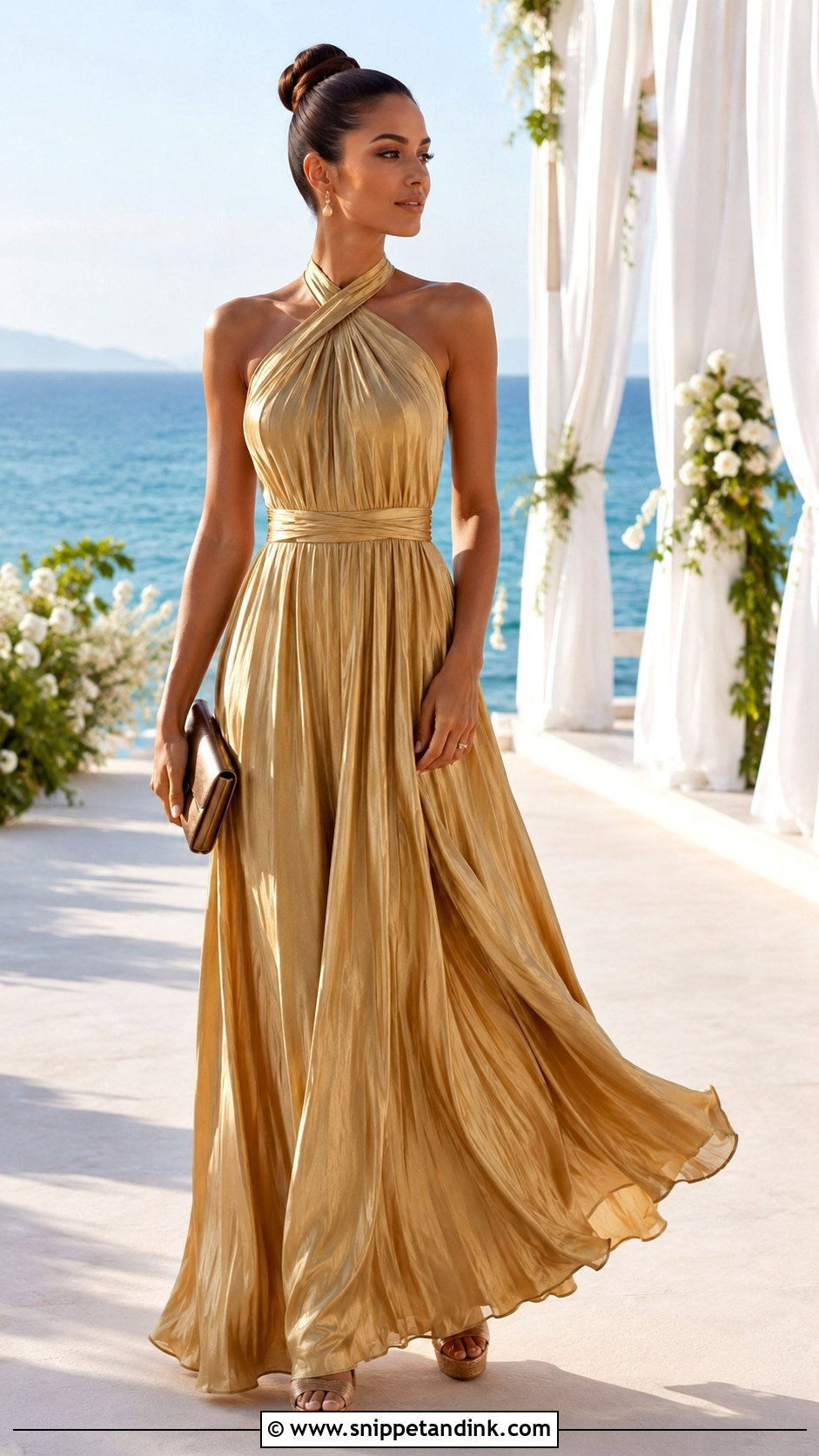 Gold Halter Maxi Dress With Minimal Jewelry - Snippet and Ink - 20 Gold Dress for Wedding Ideas