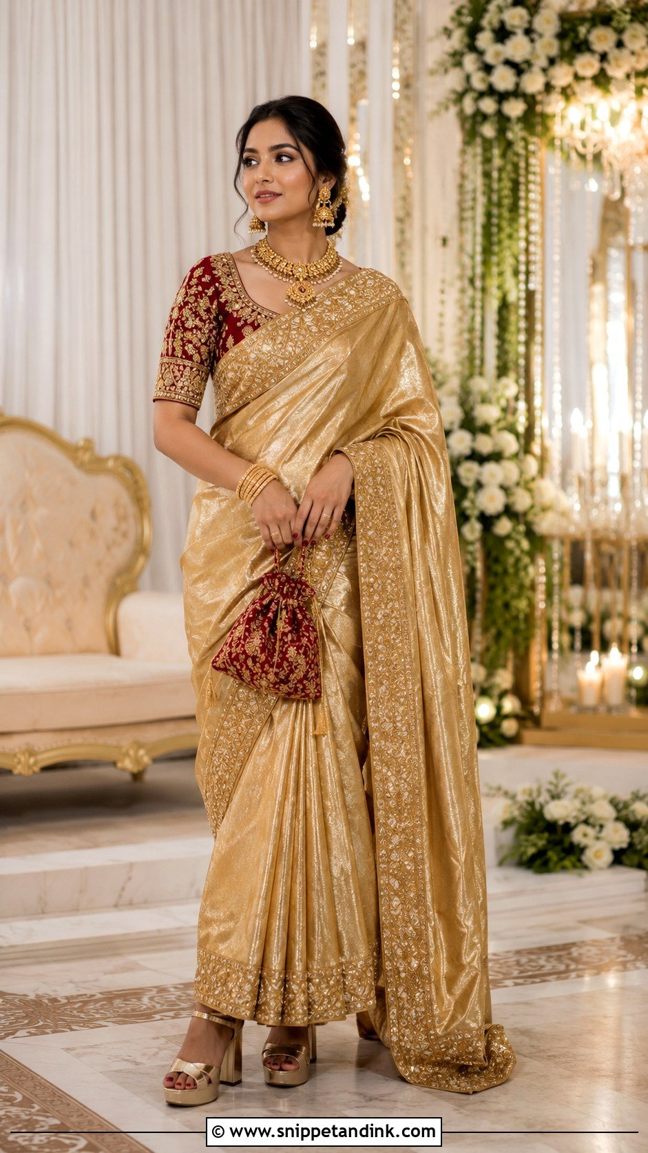 Gold Heavy Saree With Red Blouse - Snippet and Ink - 20 Heavy Dress for Wedding Ideas