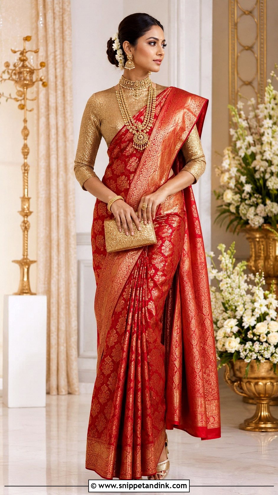 Gold High Neck Blouse With Red Banarasi Saree - Snippet and Ink - 20 Grand Blouse Designs for Marriage