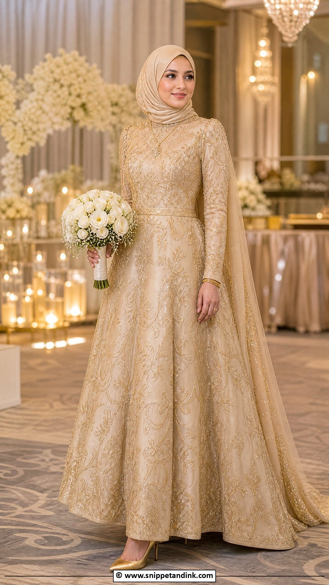 Gold Hijab Bride Outfit - Snippet and Ink - 35 Hijab Bride Ideas