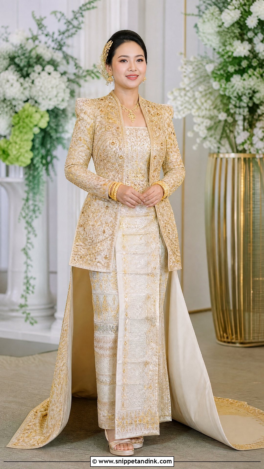 Gold Htaingmathein Myanmar Wedding Dress - Snippet and Ink - 20 Myanmar Wedding Dresses