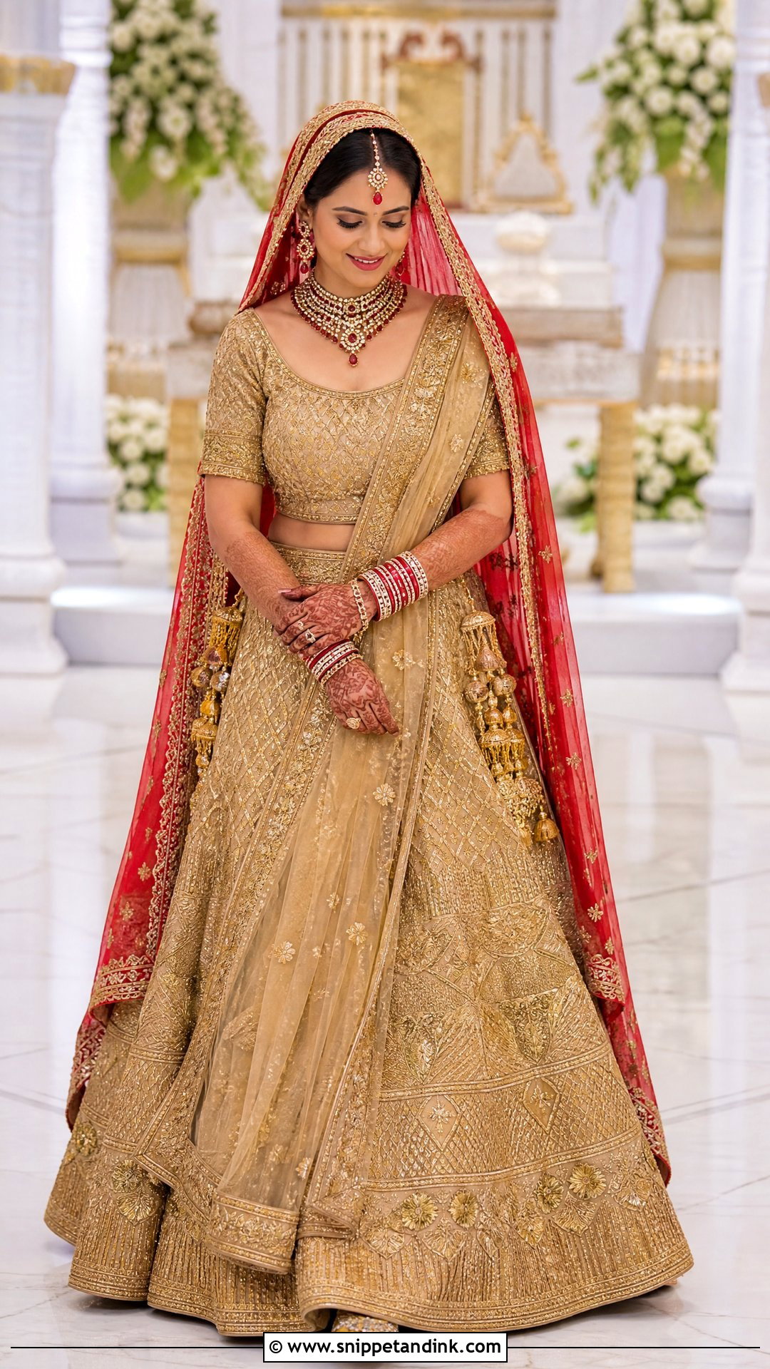 Gold Indian Bridal Lehenga With Red Dupatta - Snippet and Ink - 20 Indian Bride Wedding Dress Ideas