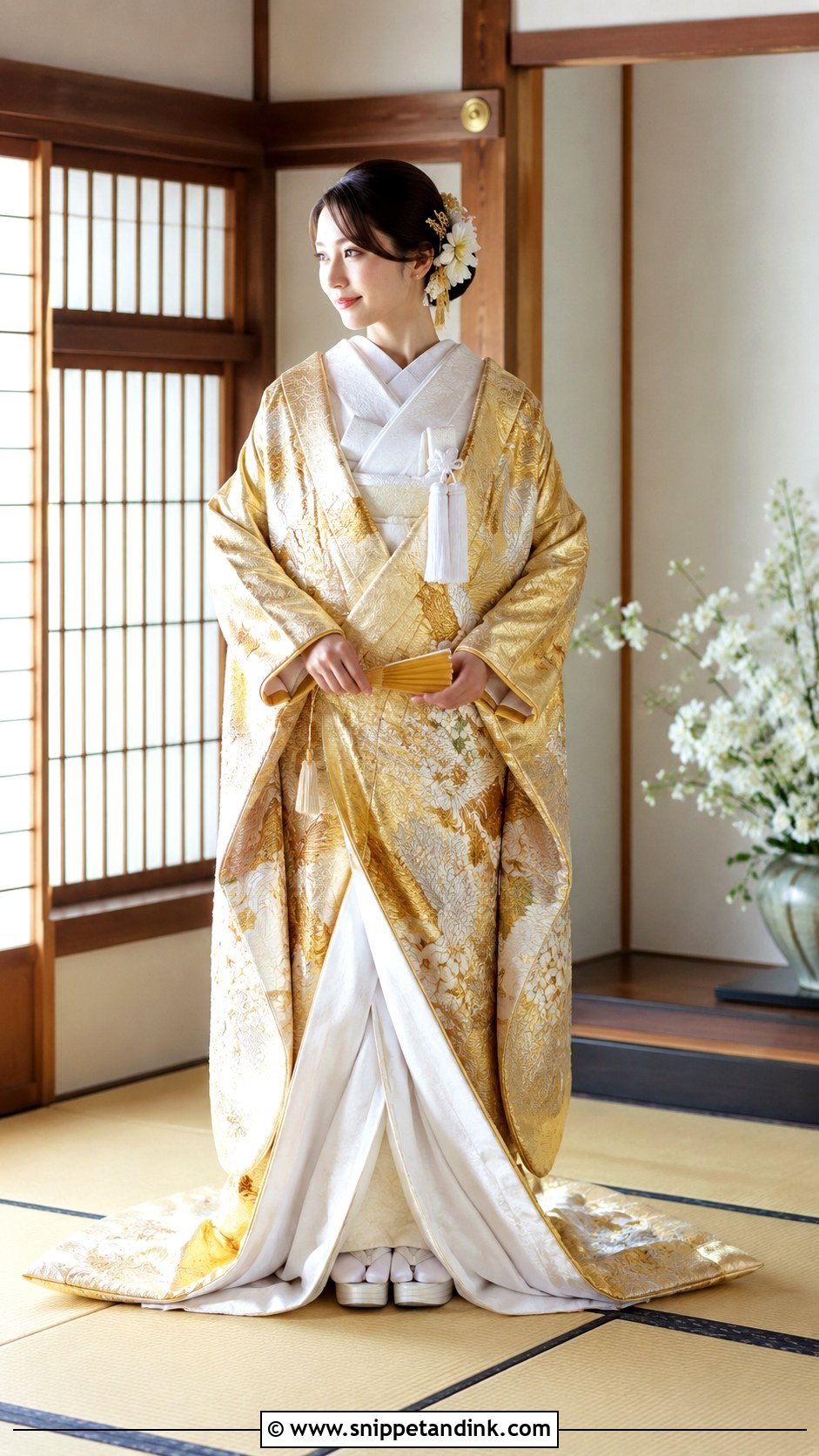 Gold Iro Uchikake Wedding Kimono - Snippet and Ink - 25 Traditional Japanese Wedding Dress Ideas