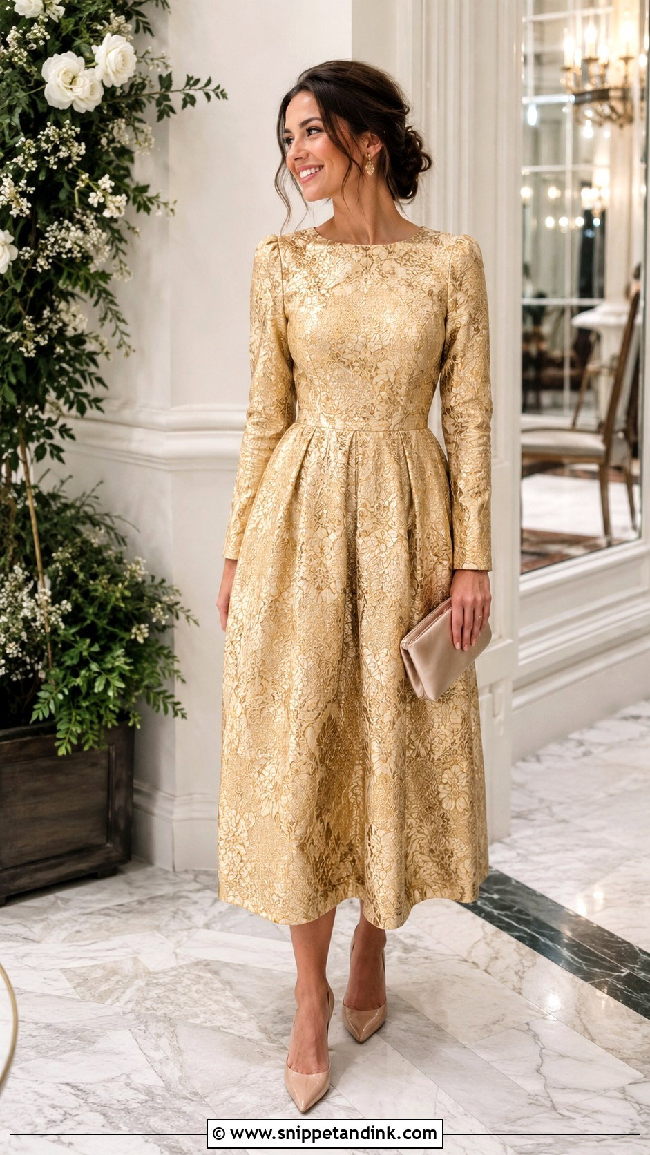 Gold Jacquard Dress Winter Wedding Outfit - Snippet and Ink - 25 Winter Wedding Outfits for Women