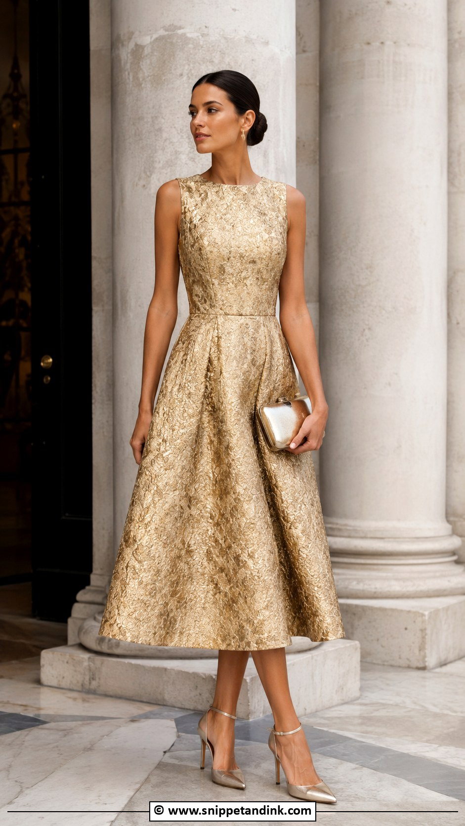 Gold Jacquard Midi Dress - Snippet and Ink - 30 Fall Wedding Dress Ideas