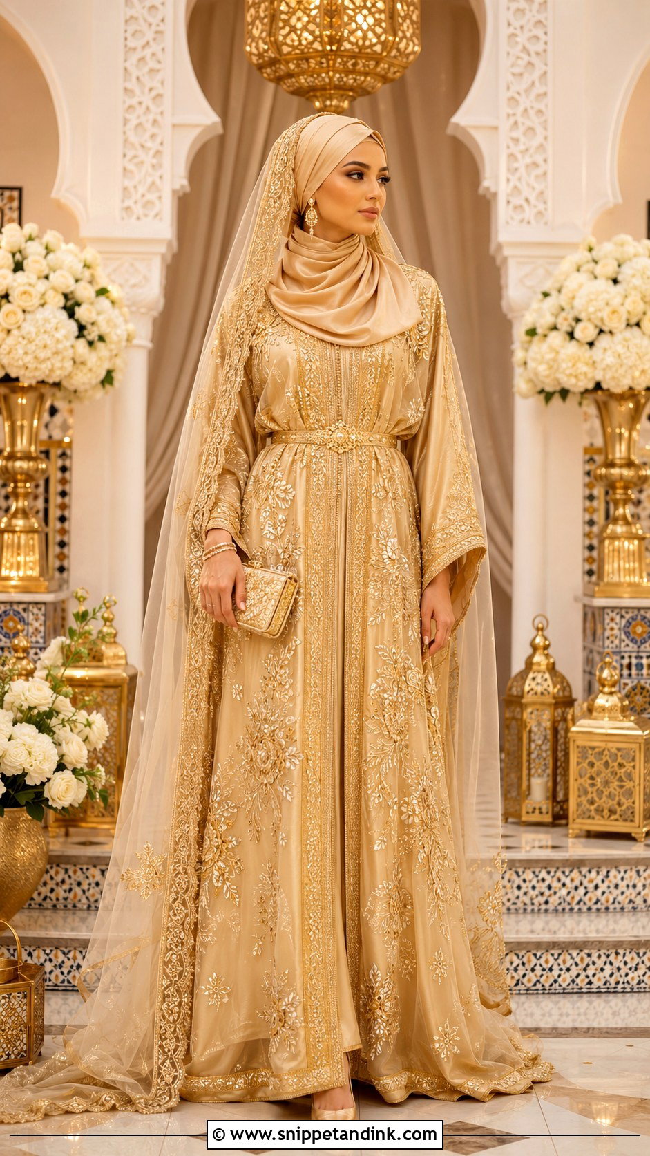 Gold Kaftan Wedding Hijab Outfit - Snippet and Ink - 20 Hijab in Wedding Ideas