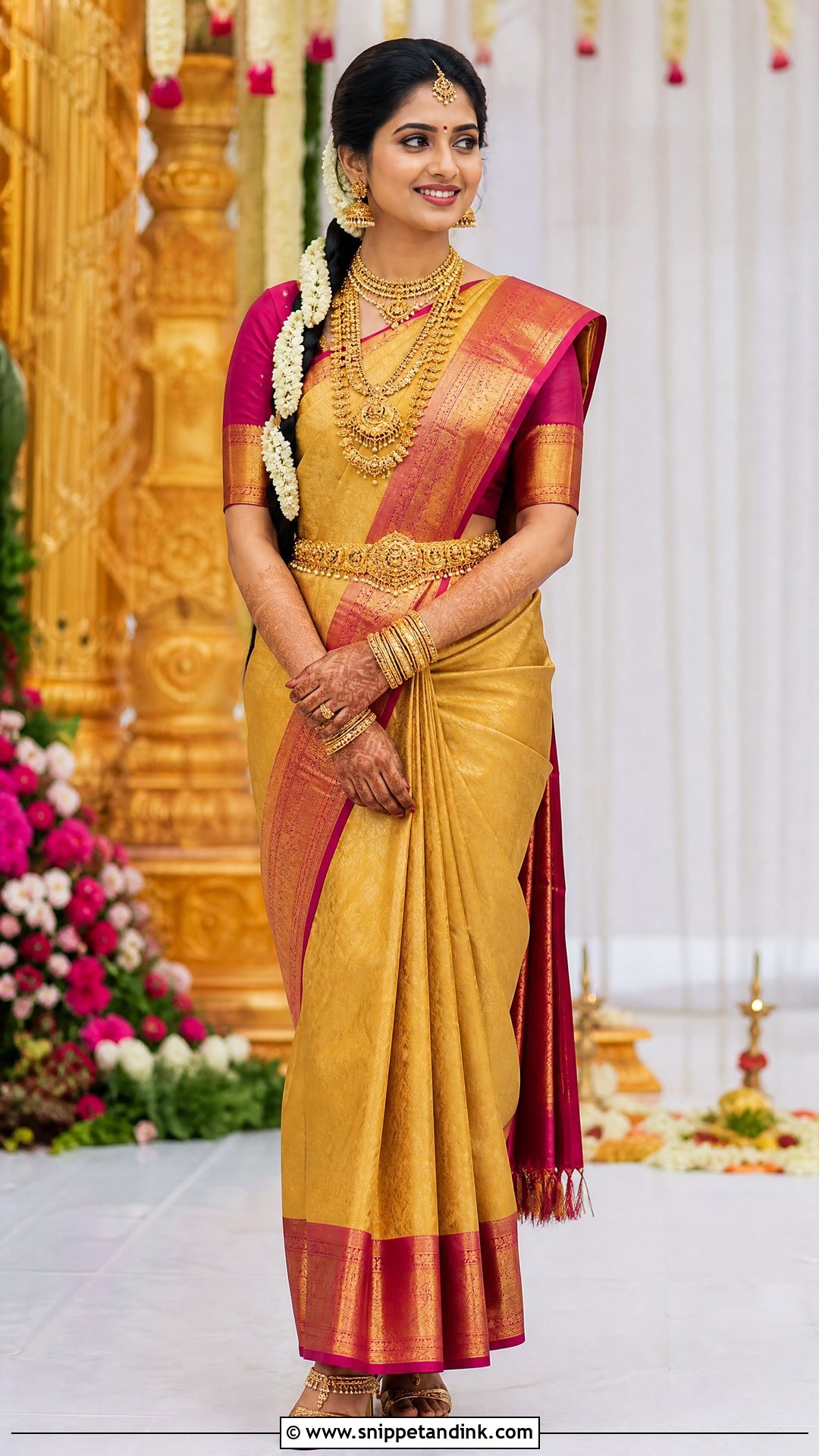 Gold Kanjeevaram Bridal Saree - Snippet and Ink - 20 Royal Indian Bride Outfit Ideas