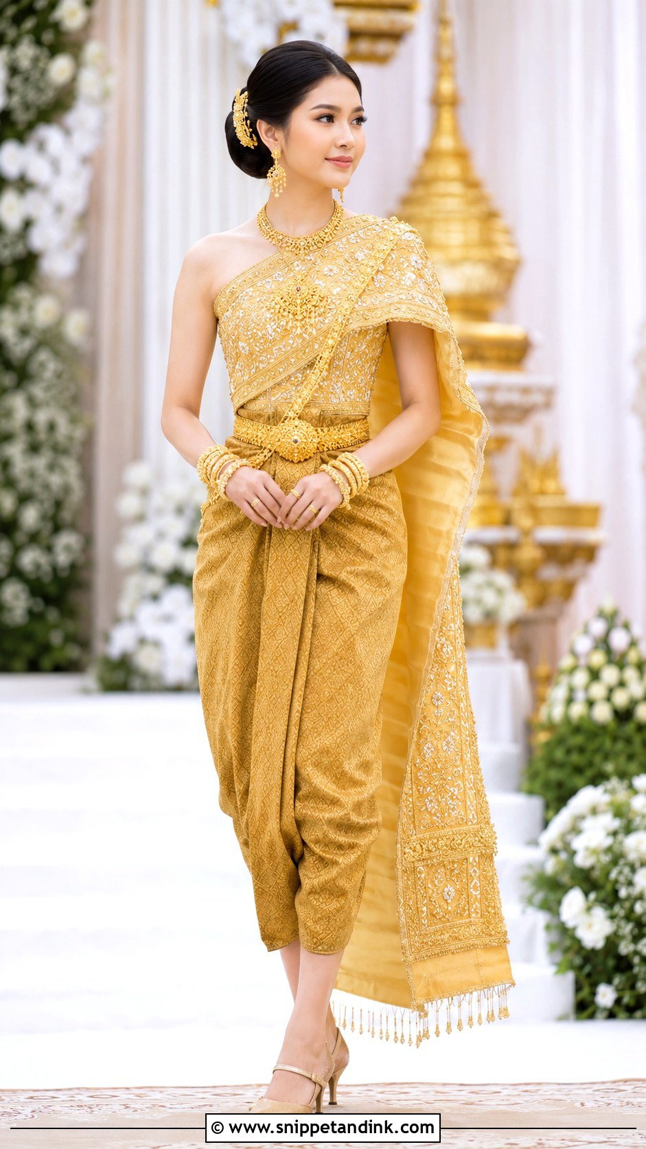 Gold Khmer Wedding Outfit - Snippet and Ink - 20 Khmer Wedding Outfits