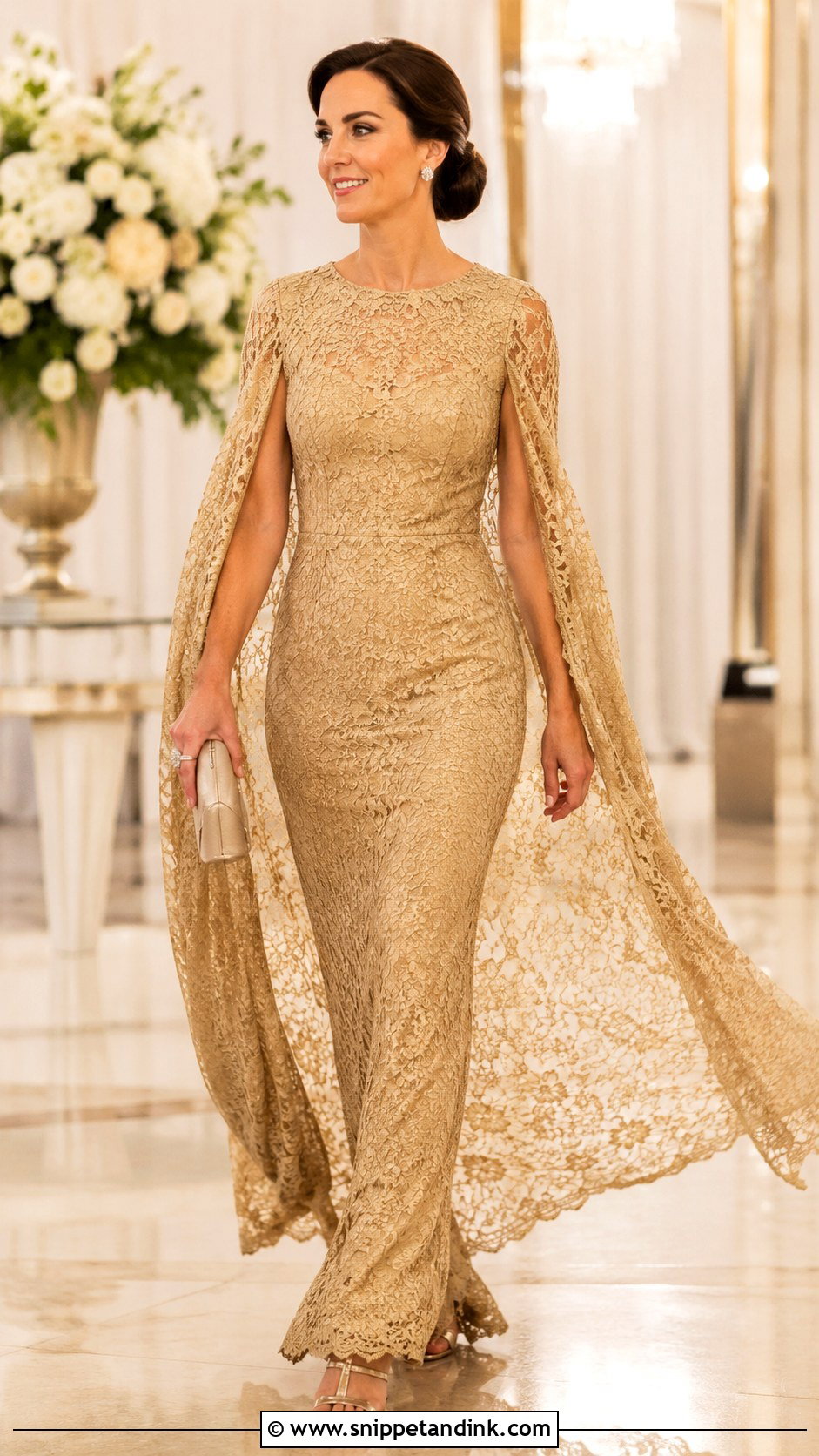 Gold Lace Cape Sleeve Gown - Snippet and Ink - 20 Gold Lace Gown Ideas