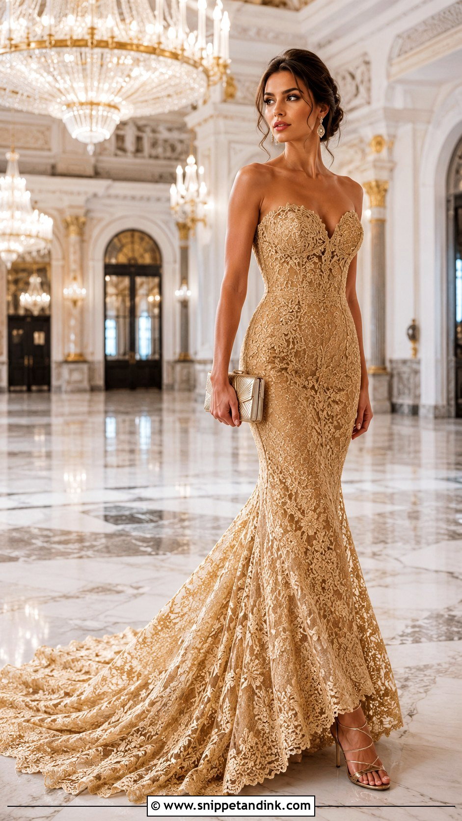 Gold Lace Gown With Train - Snippet and Ink - 20 Gold Lace Gown Ideas