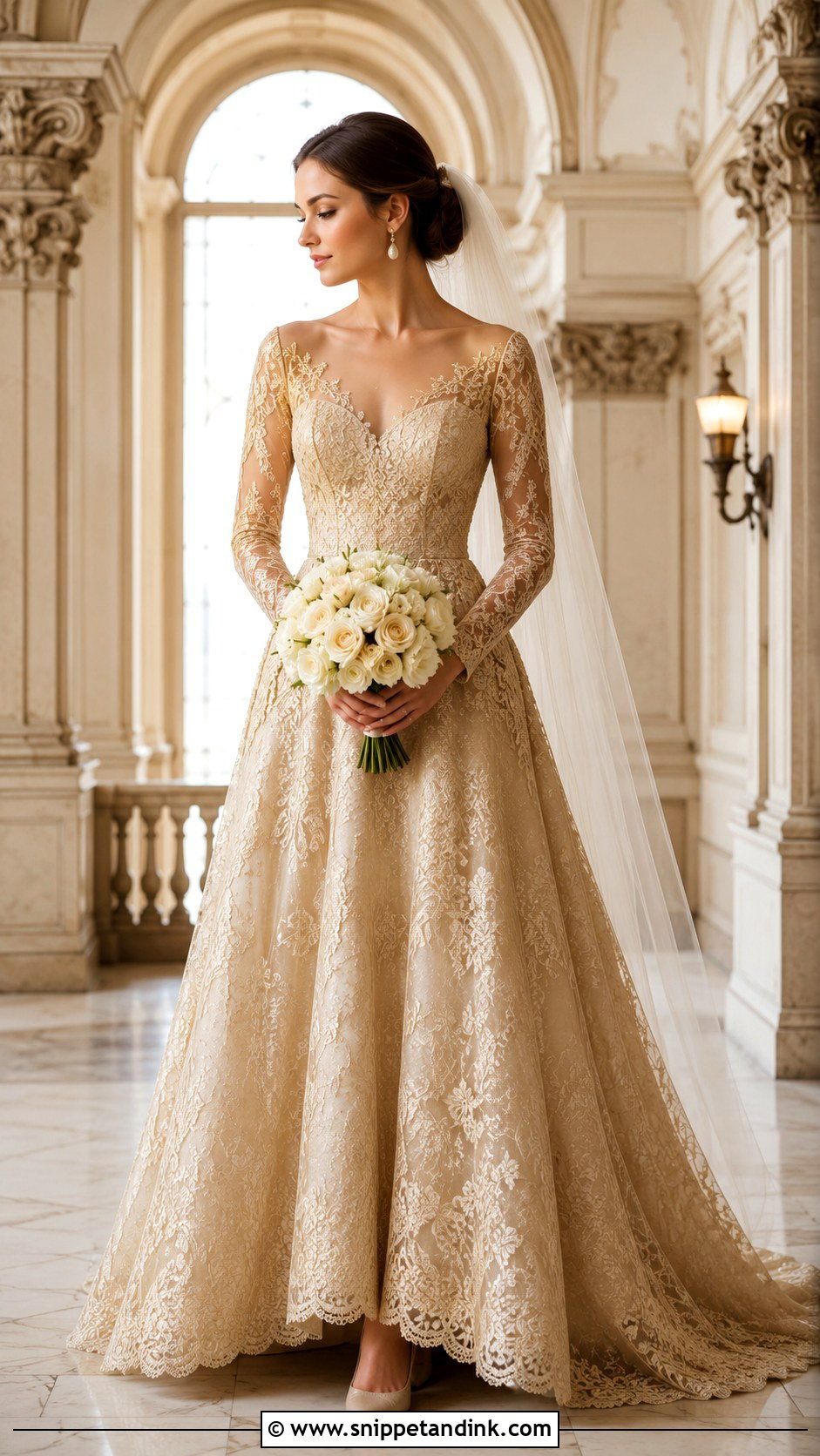 Gold Lace Long Sleeve Bridal Dress - Snippet and Ink - 20 Gold Bridal Dress Ideas