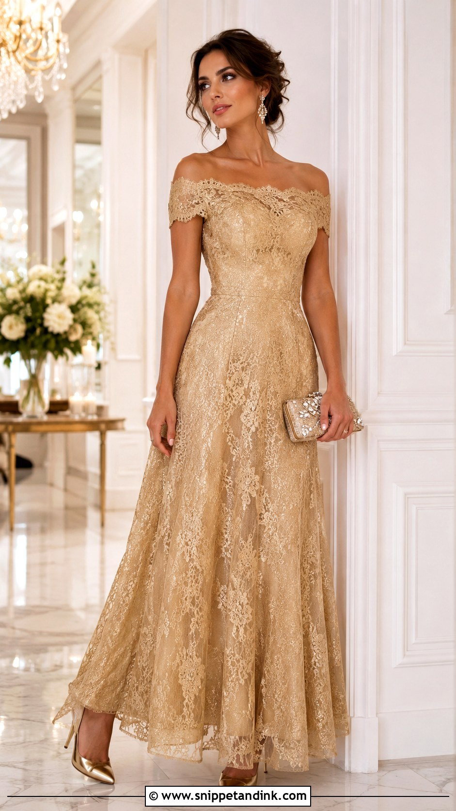 Gold Lace Off Shoulder Gown - Snippet and Ink - 20 Gold Lace Gown Ideas