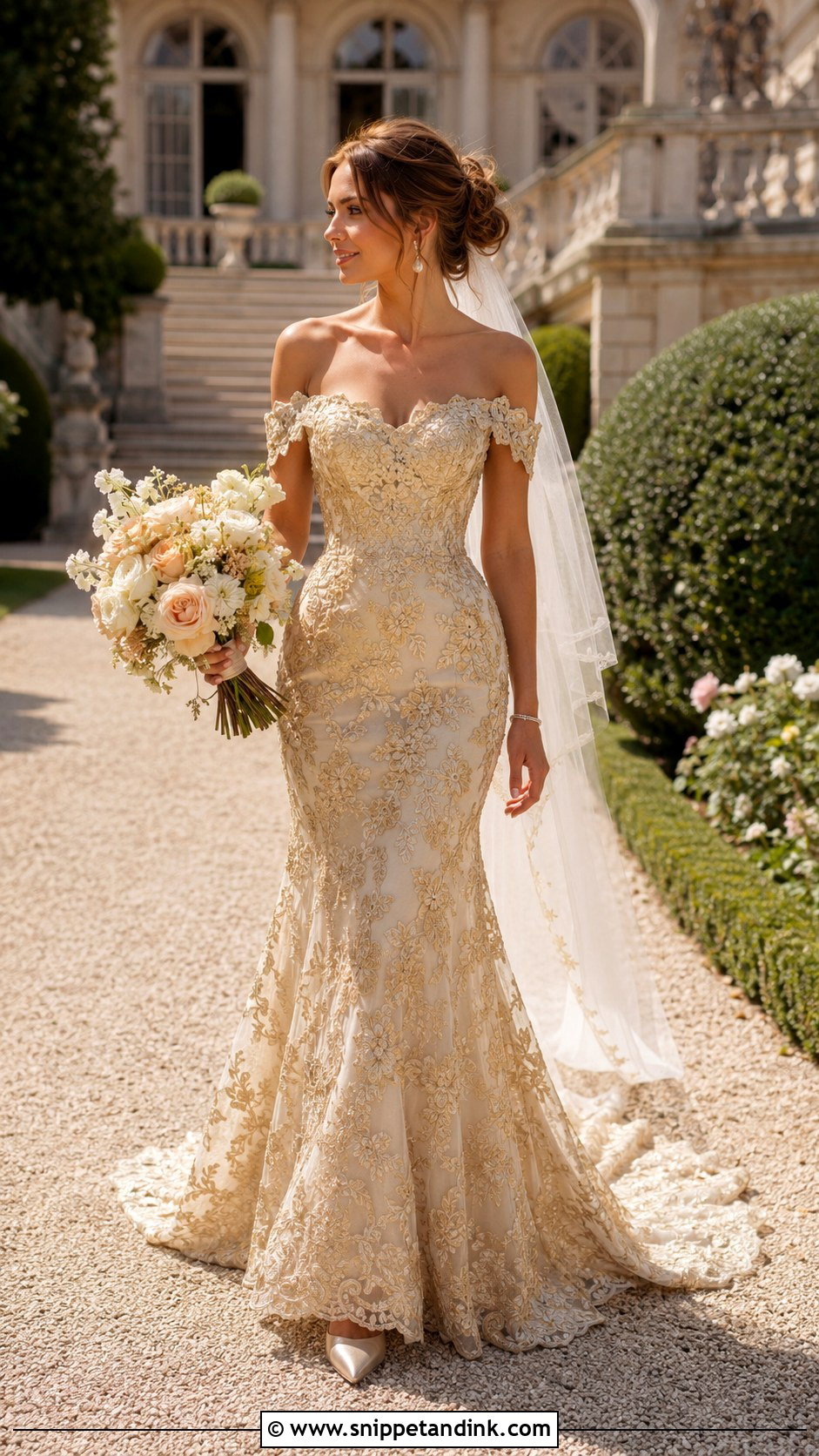 Gold Lace Off The Shoulder Wedding Dress - Snippet and Ink - 20 Gold Lace Wedding Dress Ideas