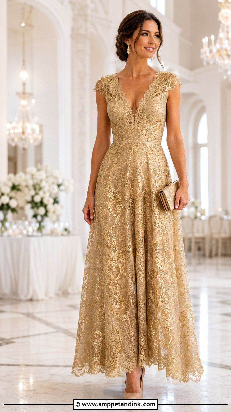 Gold Lace V Neck Gown - Snippet and Ink - 20 Gold Lace Gown Ideas
