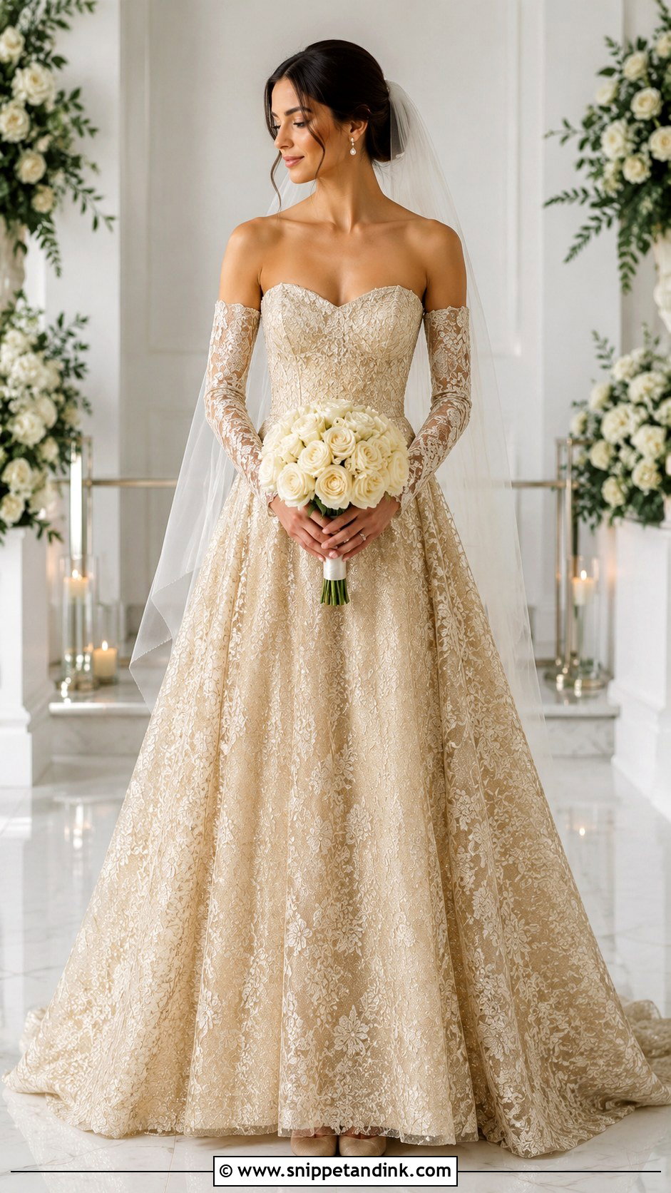 Gold Lace Wedding Dress With Detachable Sleeves - Snippet and Ink - 20 Gold Lace Wedding Dress Ideas