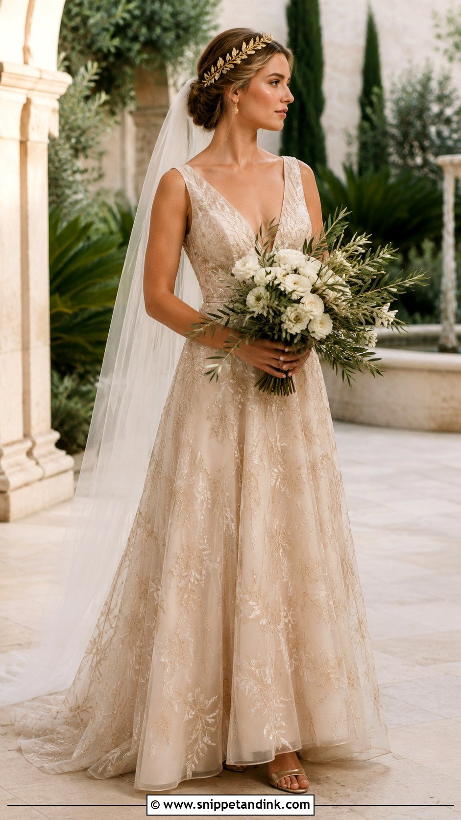 Gold Leaf Crown Bride With Champagne Gown - Snippet and Ink - 20 Crown Bride Ideas