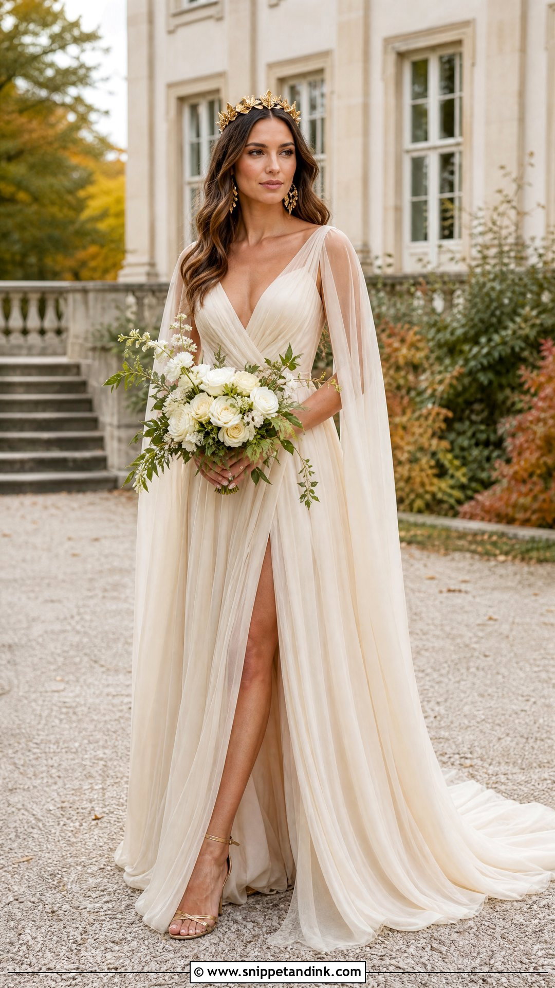 Gold Leaf Wedding Crown With Champagne Dress - Snippet and Ink - 20 Wedding Head Pieces Ideas