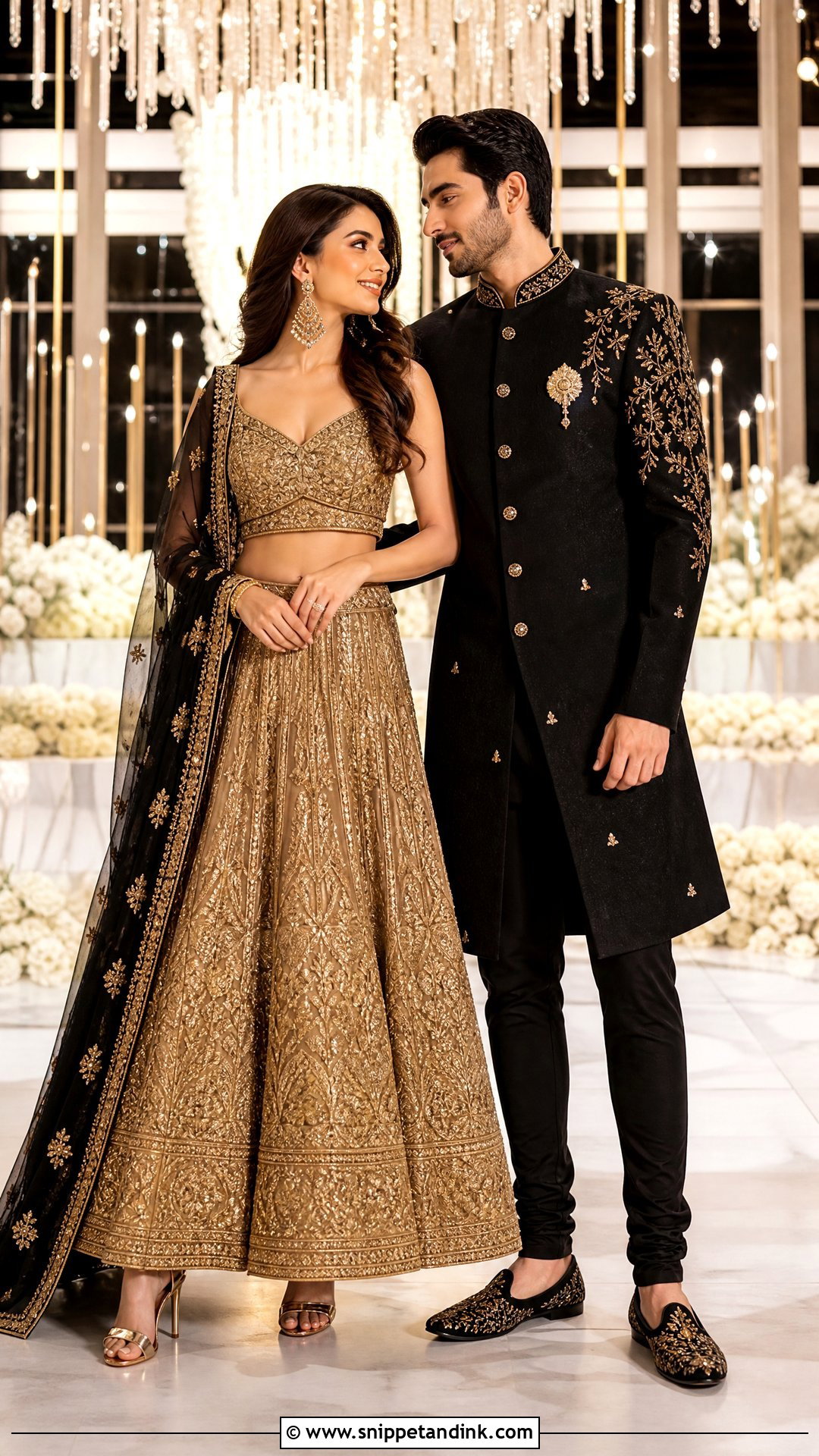 Gold Lehenga And Black Sherwani Sangeet Couple Outfit - Snippet and Ink - 20 Sangeet Outfit for Couple Ideas