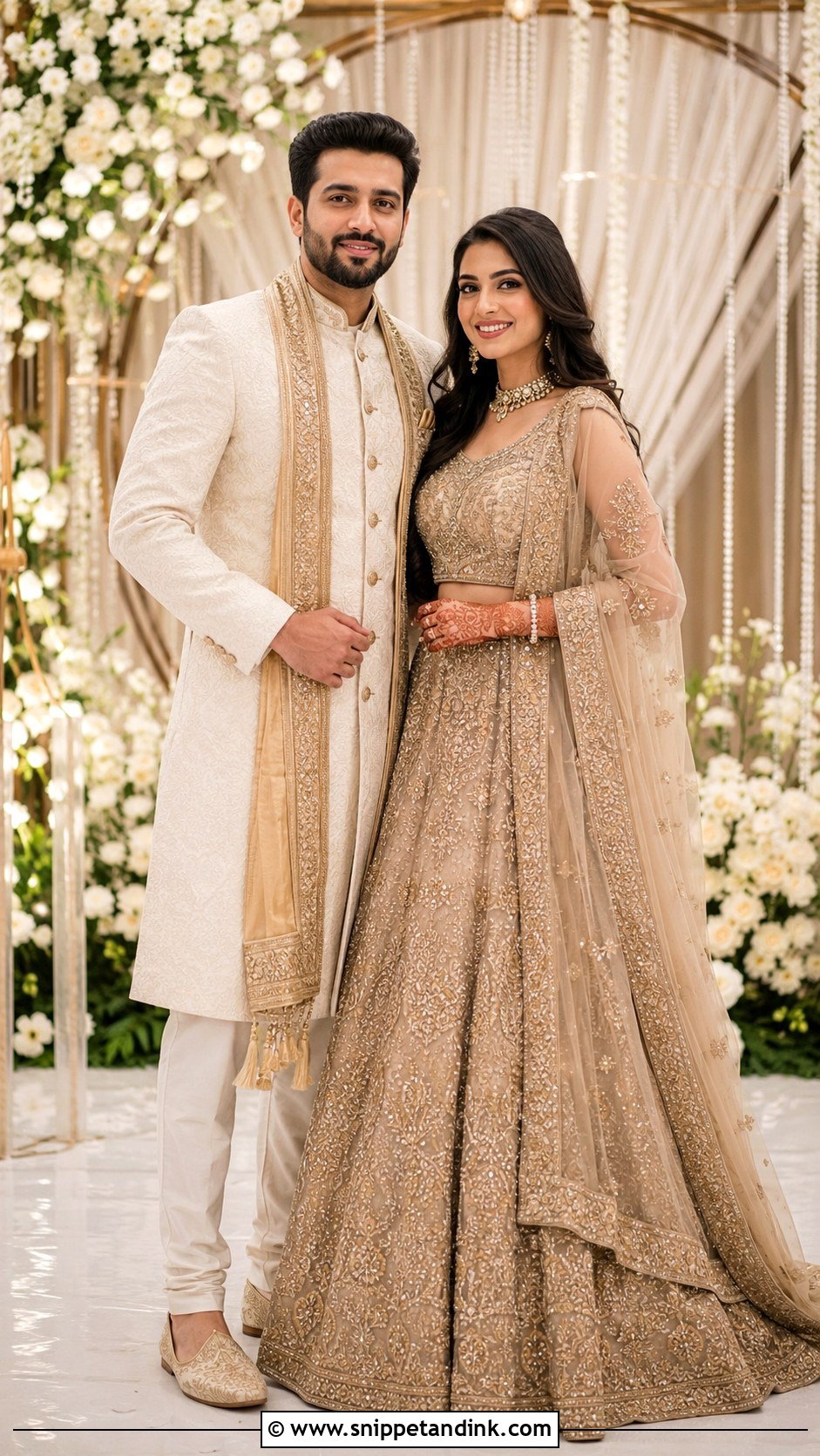Gold Lehenga And Cream Sherwani - Snippet and Ink - 25 Indian Couple Ring Ceremony Dress Ideas