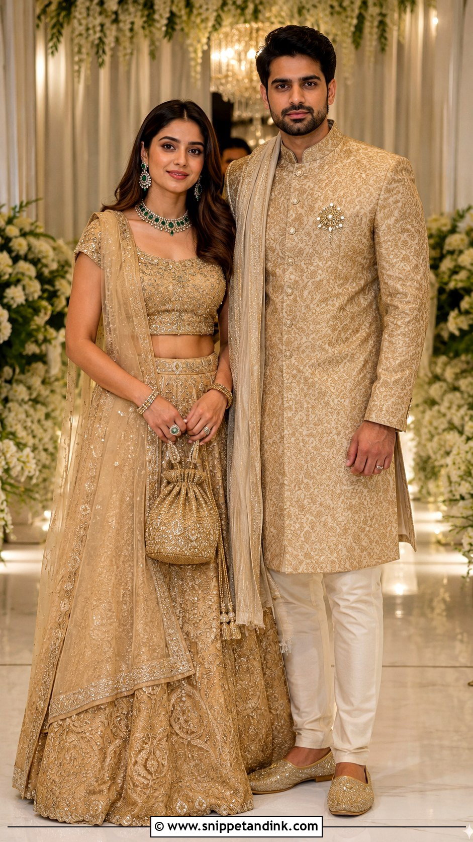 Gold Lehenga And Gold Sherwani Couple Outfit - Snippet and Ink - 20 Couple Matching Indian Outfits