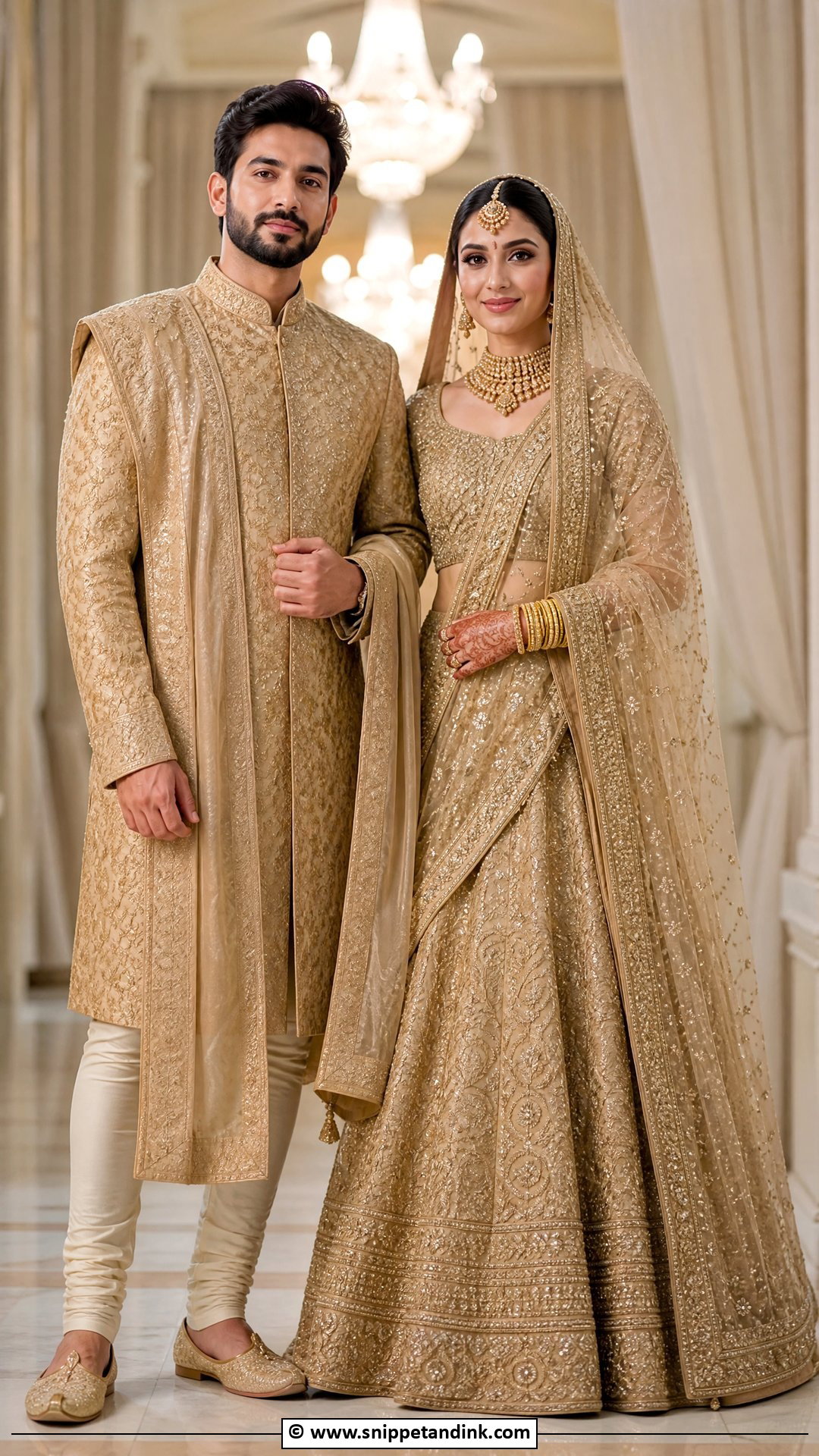 Gold Lehenga And Gold Sherwani - Snippet and Ink - 35 Indian Couple Matching Dress Ideas