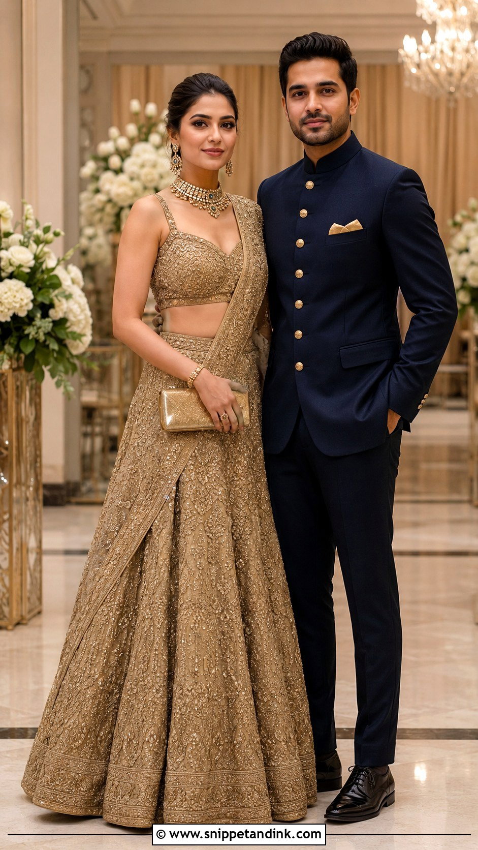Gold Lehenga And Midnight Blue Bandhgala Couple Outfit - Snippet and Ink - 20 Indian Wedding Couple Outfits