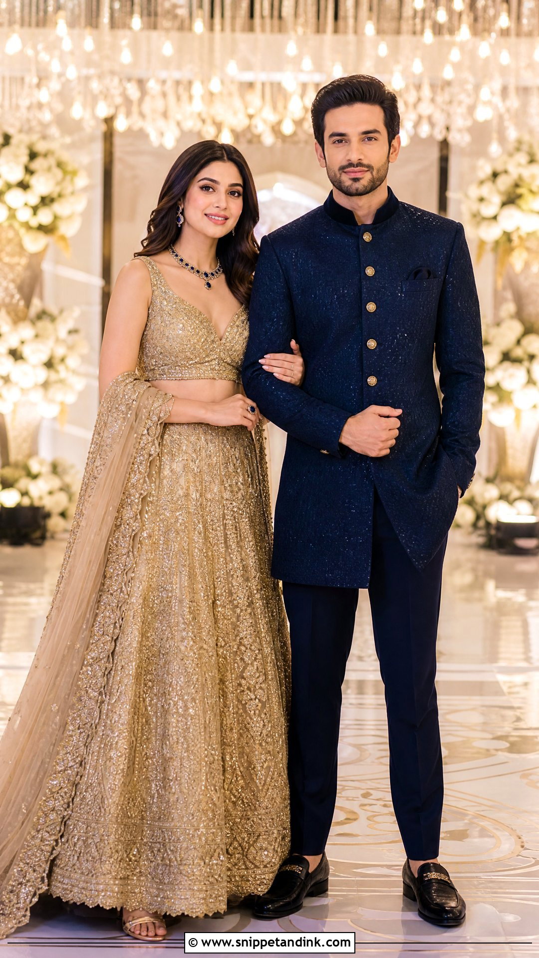 Gold Lehenga And Navy Bandhgala Sangeet Couple Outfit - Snippet and Ink - 25 Sangeet Couple Outfits