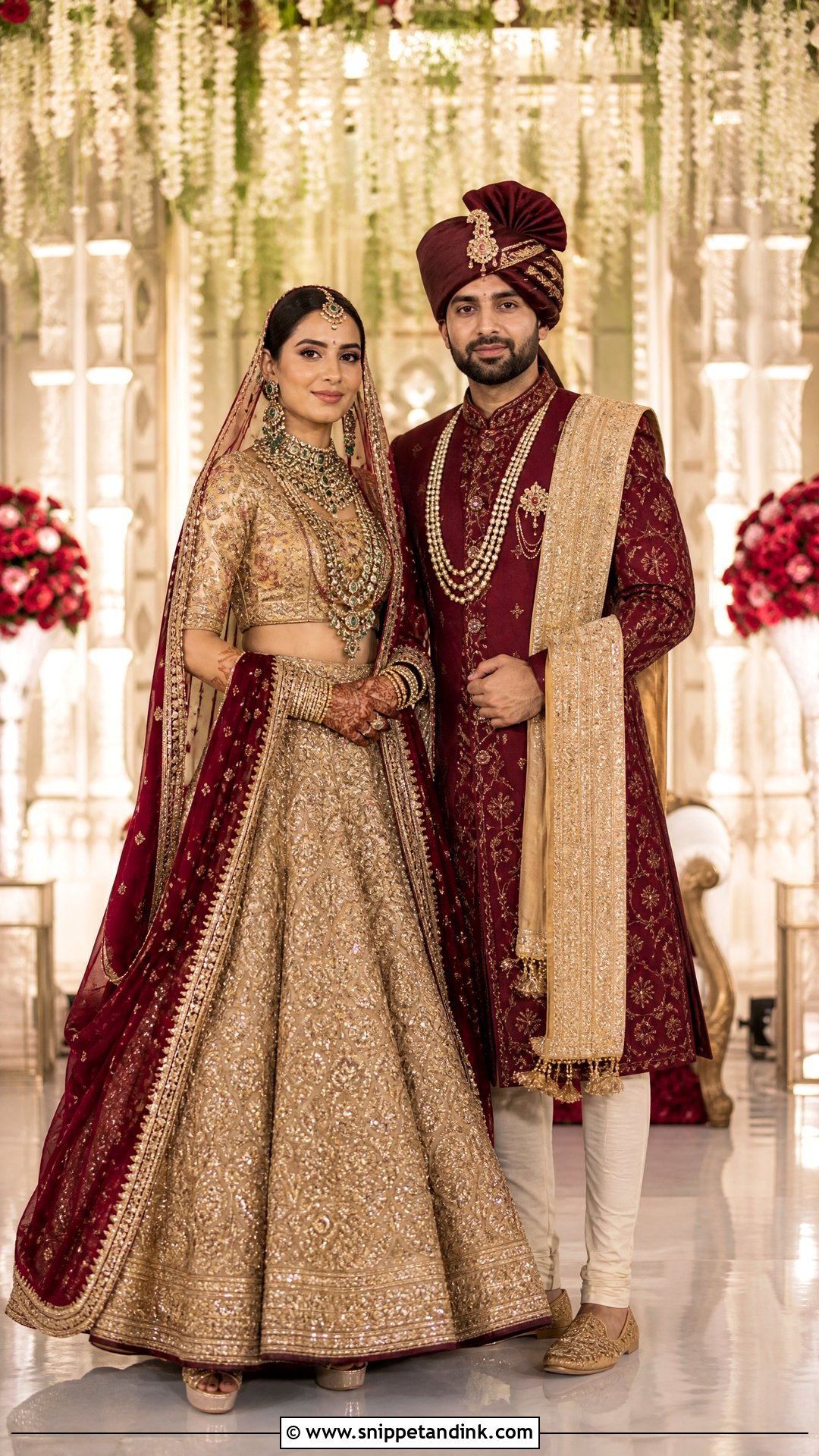 Gold Lehenga With Maroon Sherwani - Snippet and Ink - 25 Indian Hindu Couple Wedding Dress Ideas
