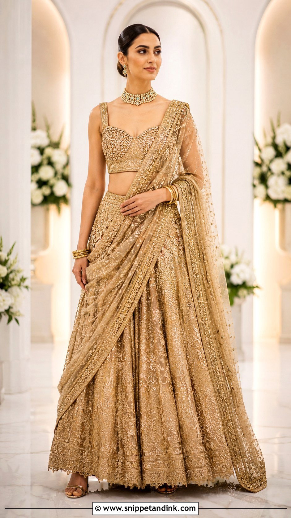 Gold Lehenga With Saree Style Bridal Dupatta - Snippet and Ink - 20 Bridal Dupatta Style Ideas
