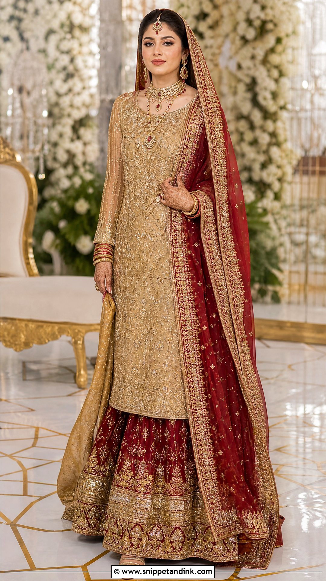 Gold Long Shirt With Red Lehenga - Snippet and Ink - 25 Pakistani Long Shirt Wedding Dress Ideas