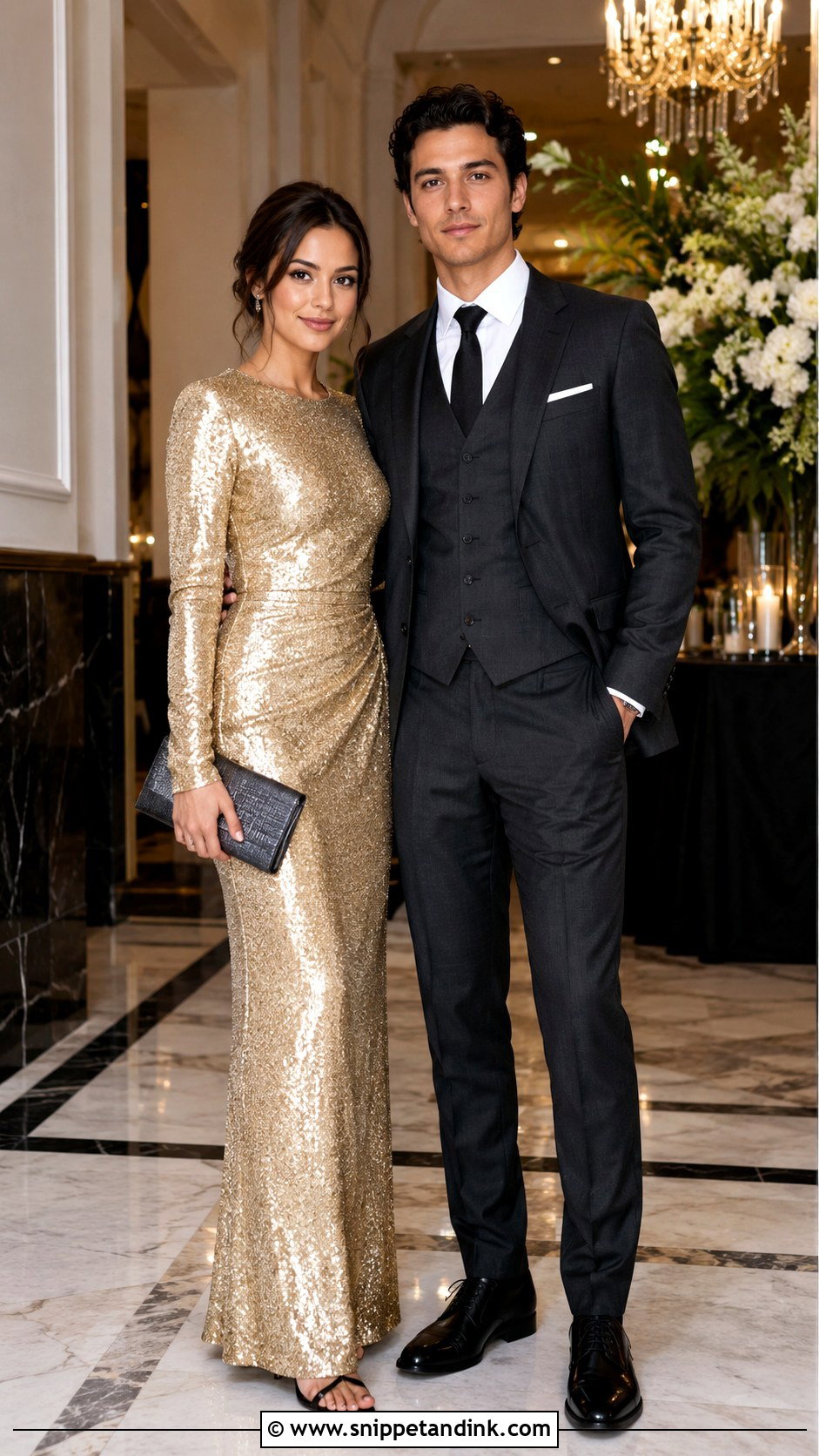 Gold Long Sleeve Dress And Charcoal Three Piece Suit - Snippet and Ink - 20 Gold Dress and Suit Couple Ideas