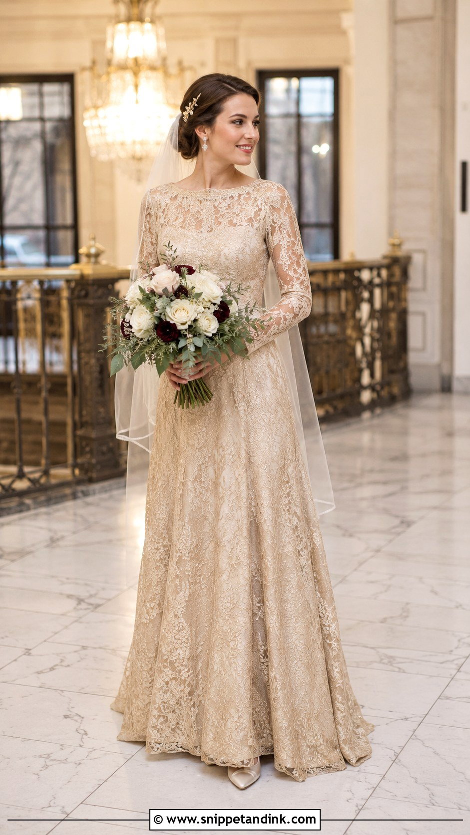 Gold Long Sleeve Lace Wedding Dress - Snippet and Ink - 20 Long Classy Gold Wedding Dress Ideas